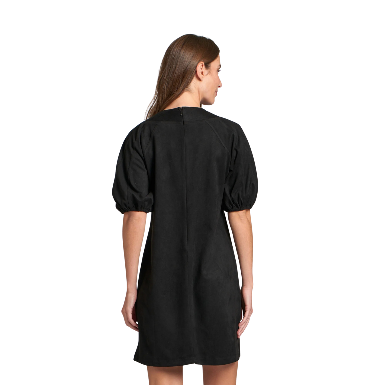 APNY Vegan Suede Lace-Up Puff Sleeved Dress-Black