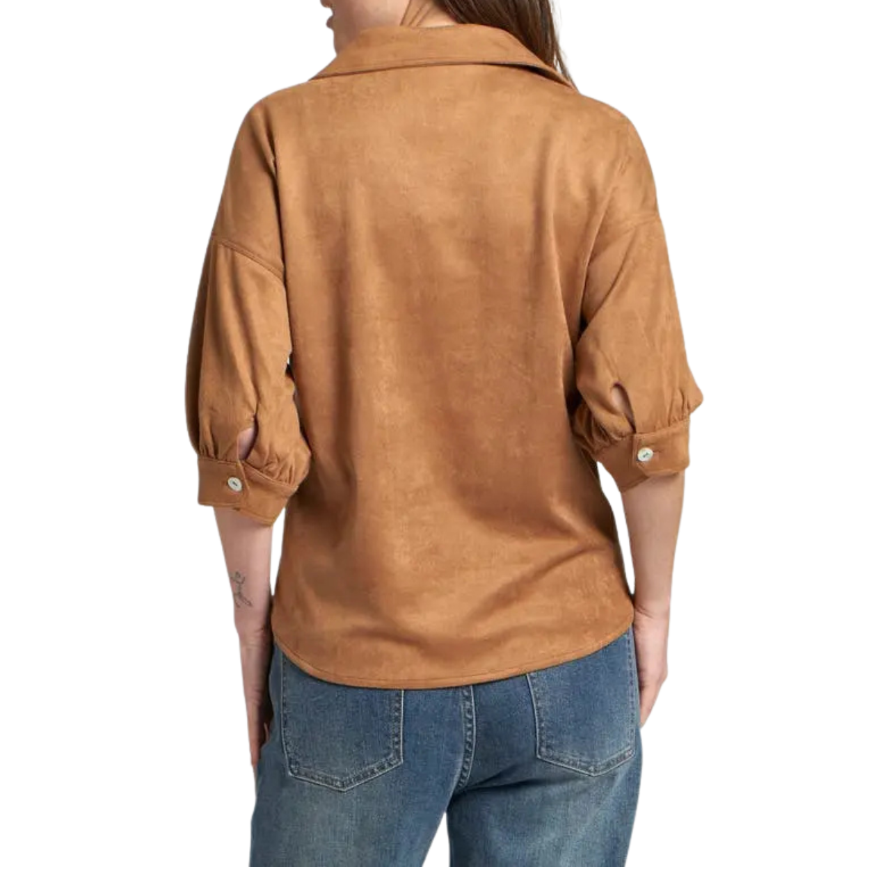 APNY Faux Suede Blouse w/ Blouson Sleeve-Caramel