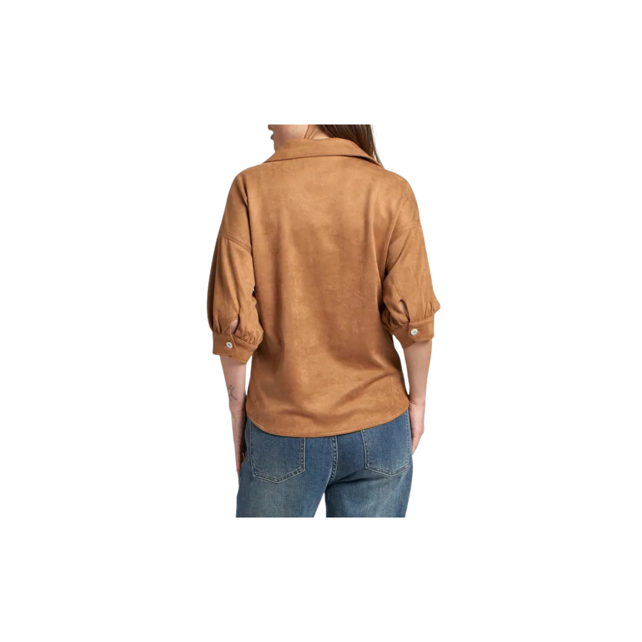 APNY Faux Suede Blouse w/ Blouson Sleeve-Caramel