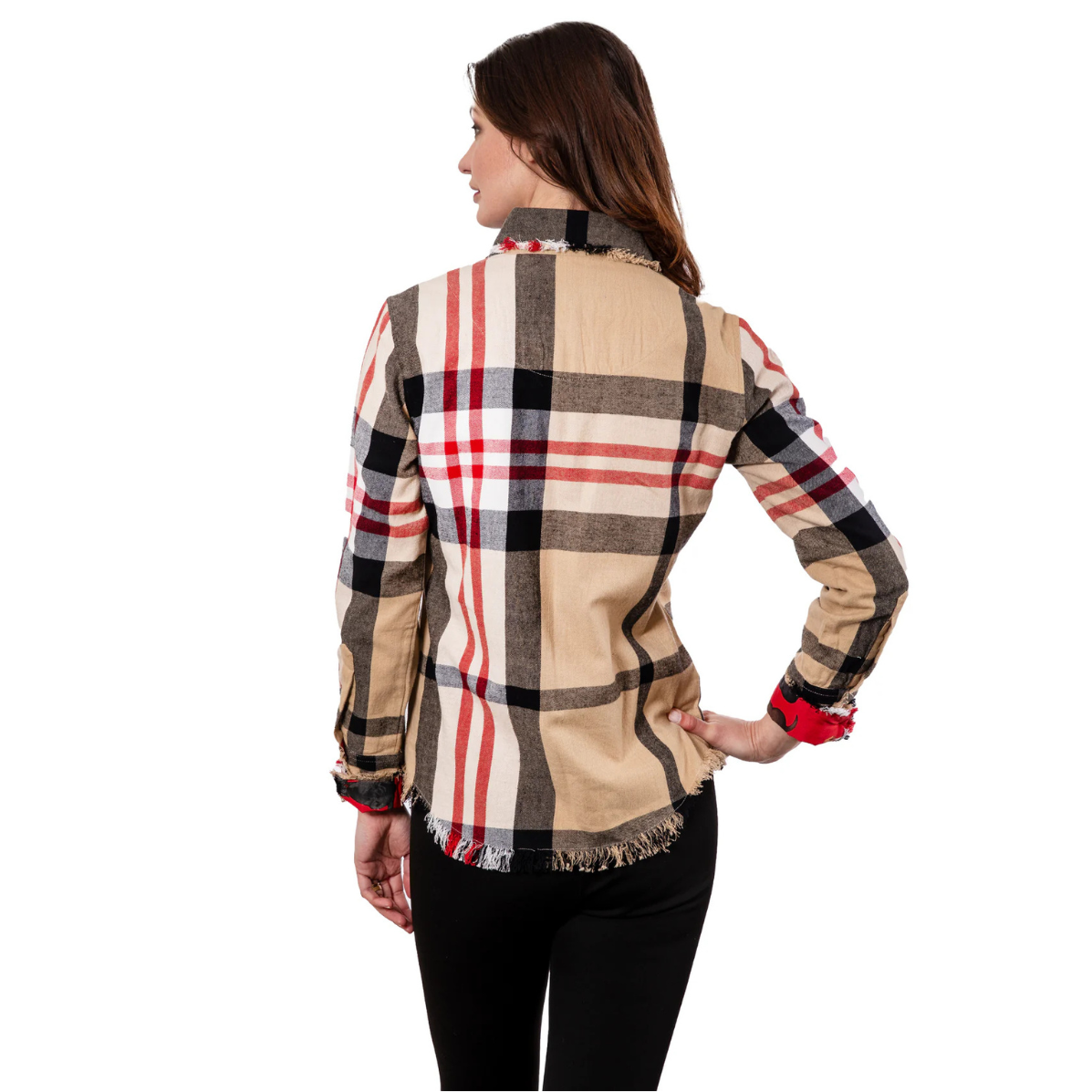 Dizzy Lizzie Cape Cod Tunic Khaki and Red Yarn-dyed Plaid LS Shirt