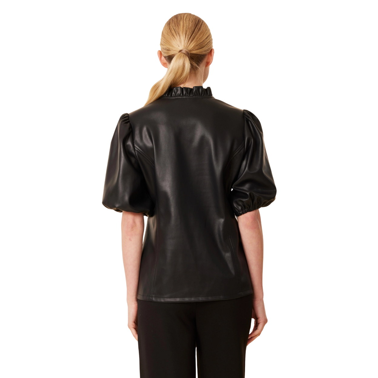Dolce Cabo Faux Leather Ruffle Neck Top -Black