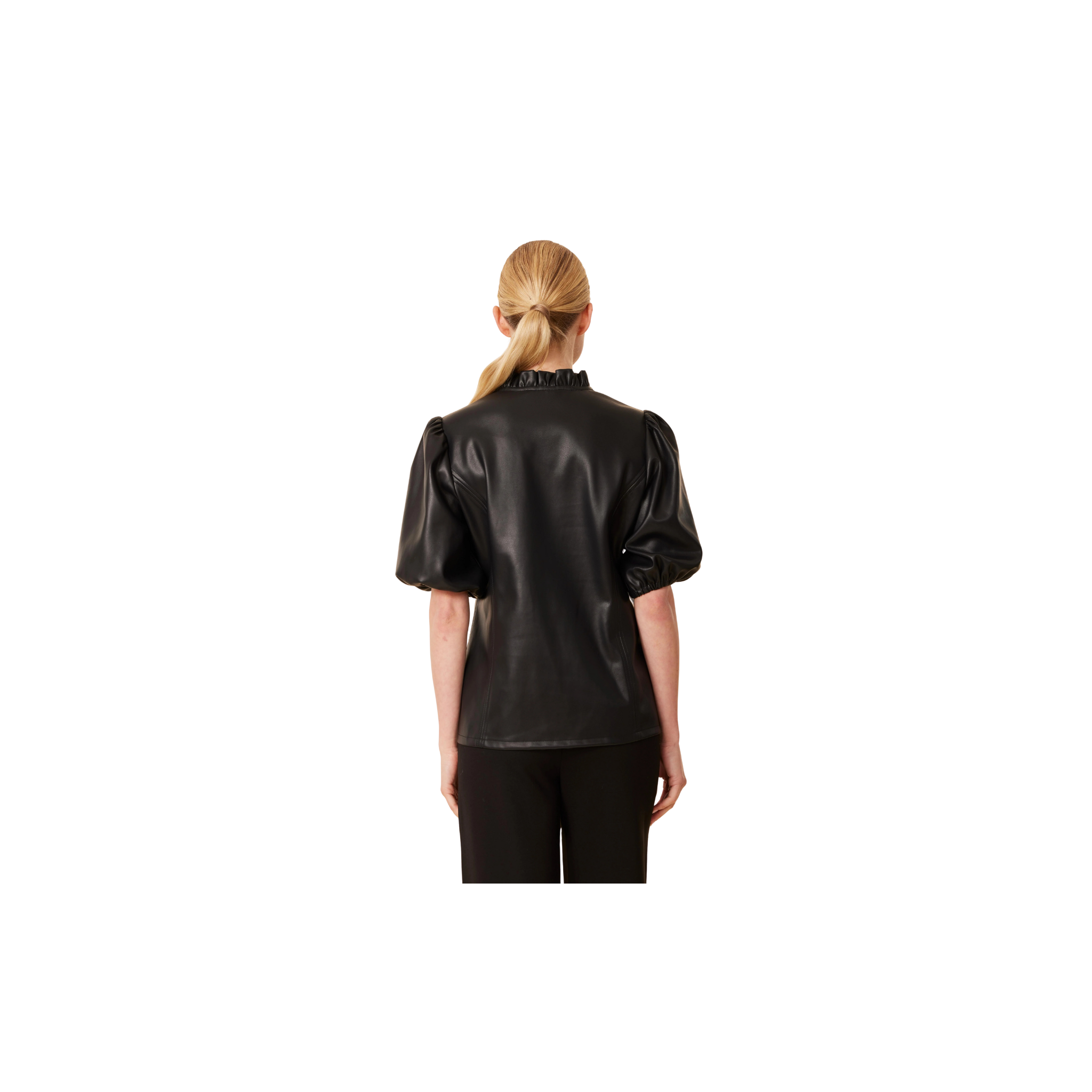 Faux Leather Ruffle Neck Top -Black