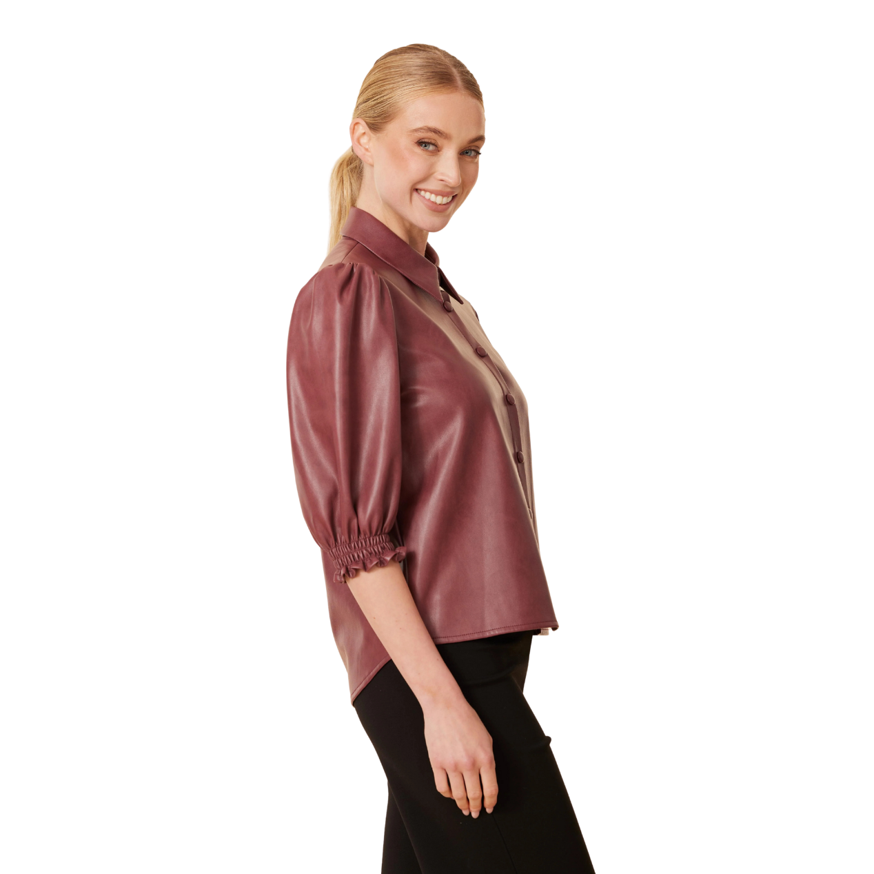 Dolce Cabo Faux Leather Elastic Cuff Top -Currant