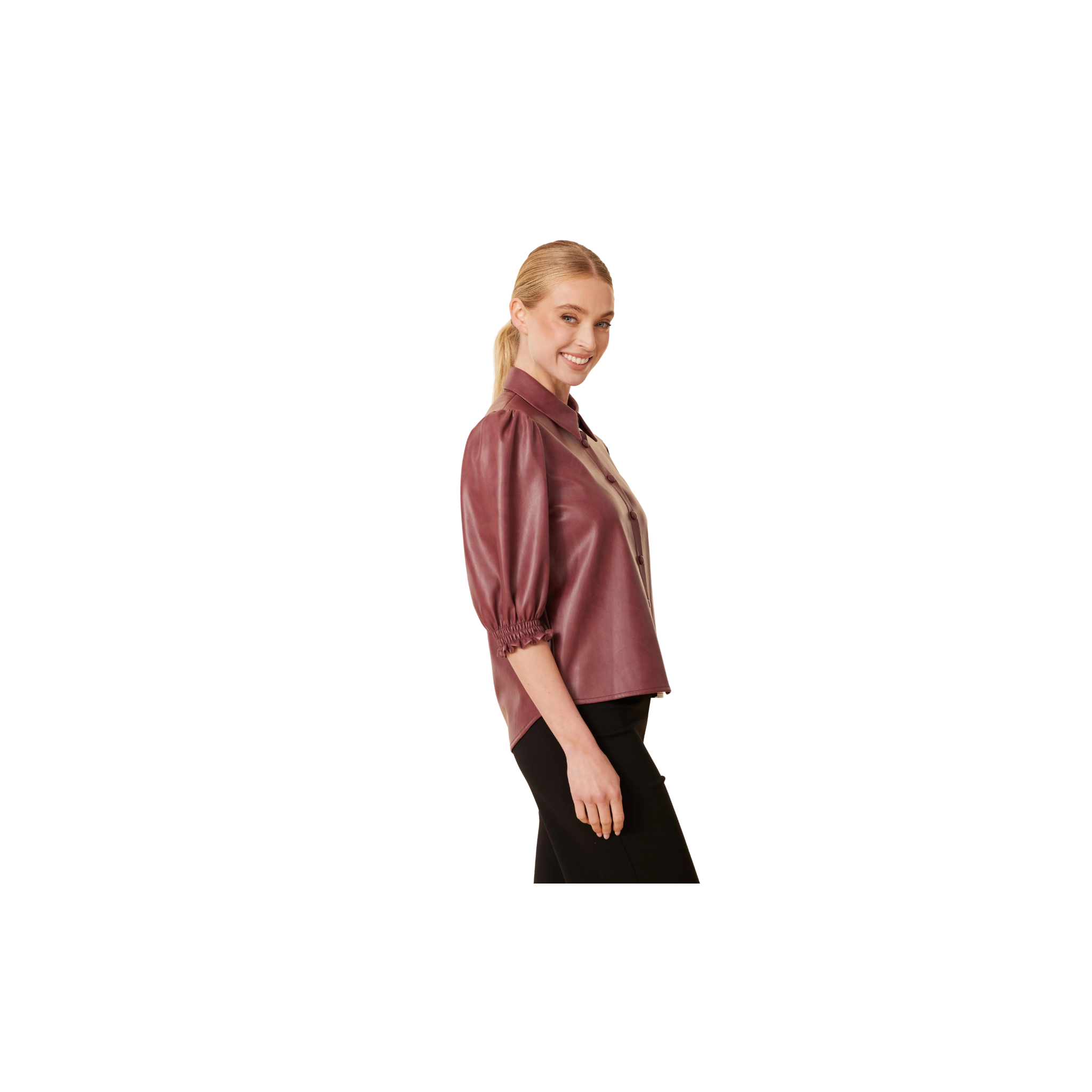 Faux Leather Elastic Cuff Top -Currant