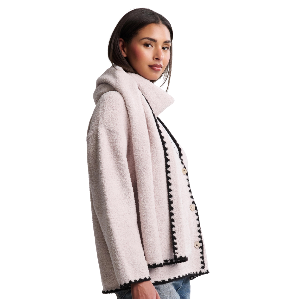 Barefoot Dreams CozyChic Blanket Stitch Cardigan w/ Detachable Scarf -Stone
