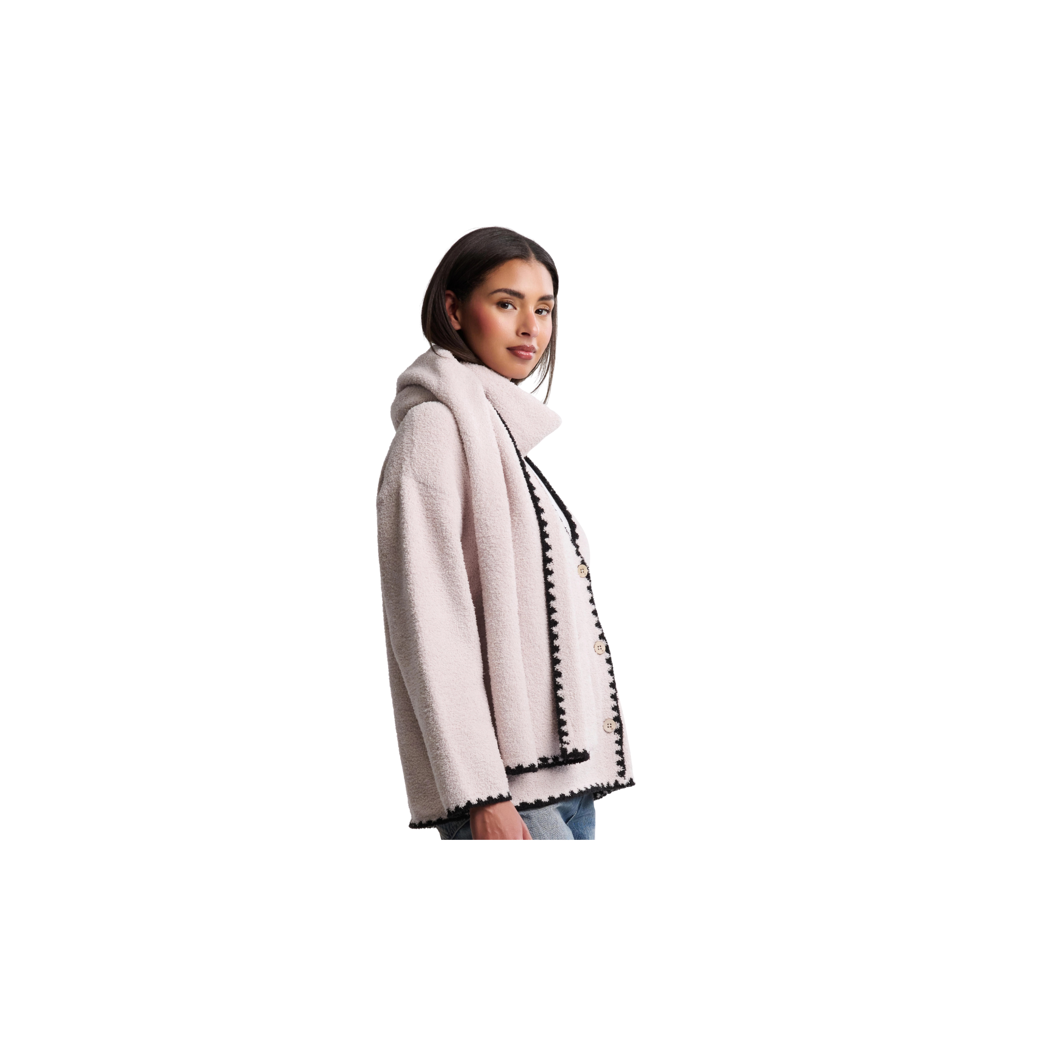 Barefoot Dreams CozyChic Blanket Stitch Cardigan w/ Detachable Scarf -Stone