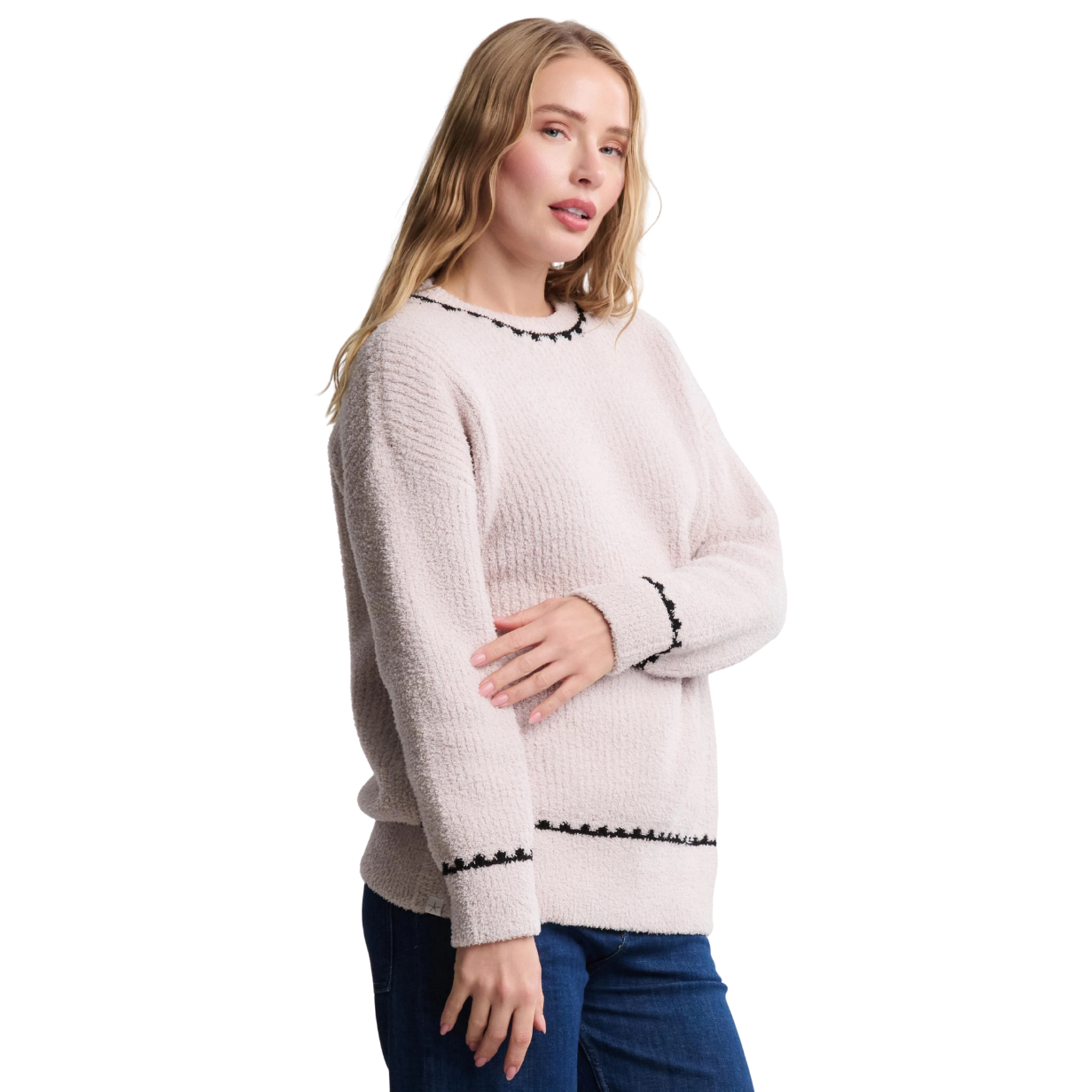 Barefoot Dreams CozyChic Ribbed Sweater w/ Blanket Stitch -Stone