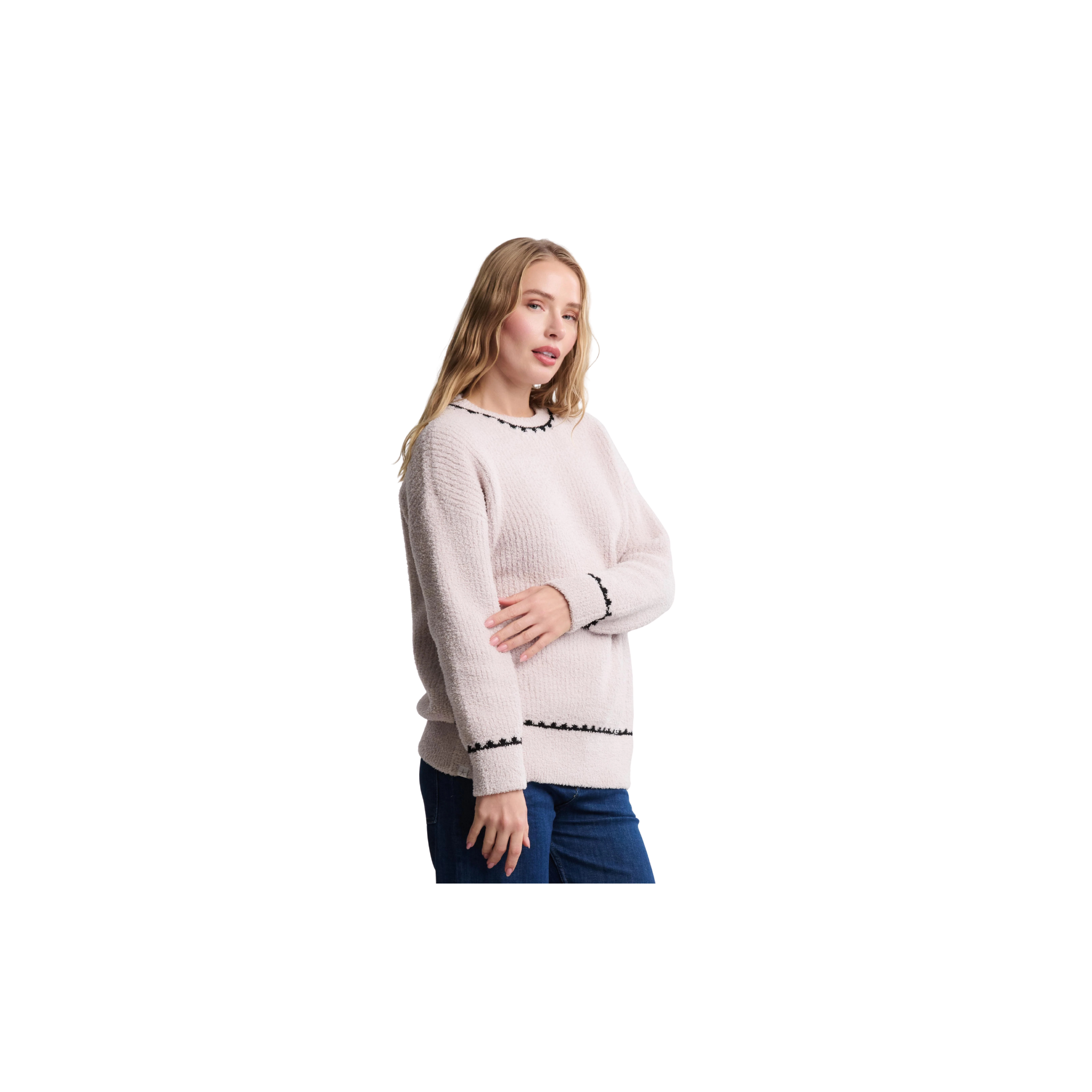 Barefoot Dreams CozyChic Ribbed Sweater w/ Blanket Stitch -Stone