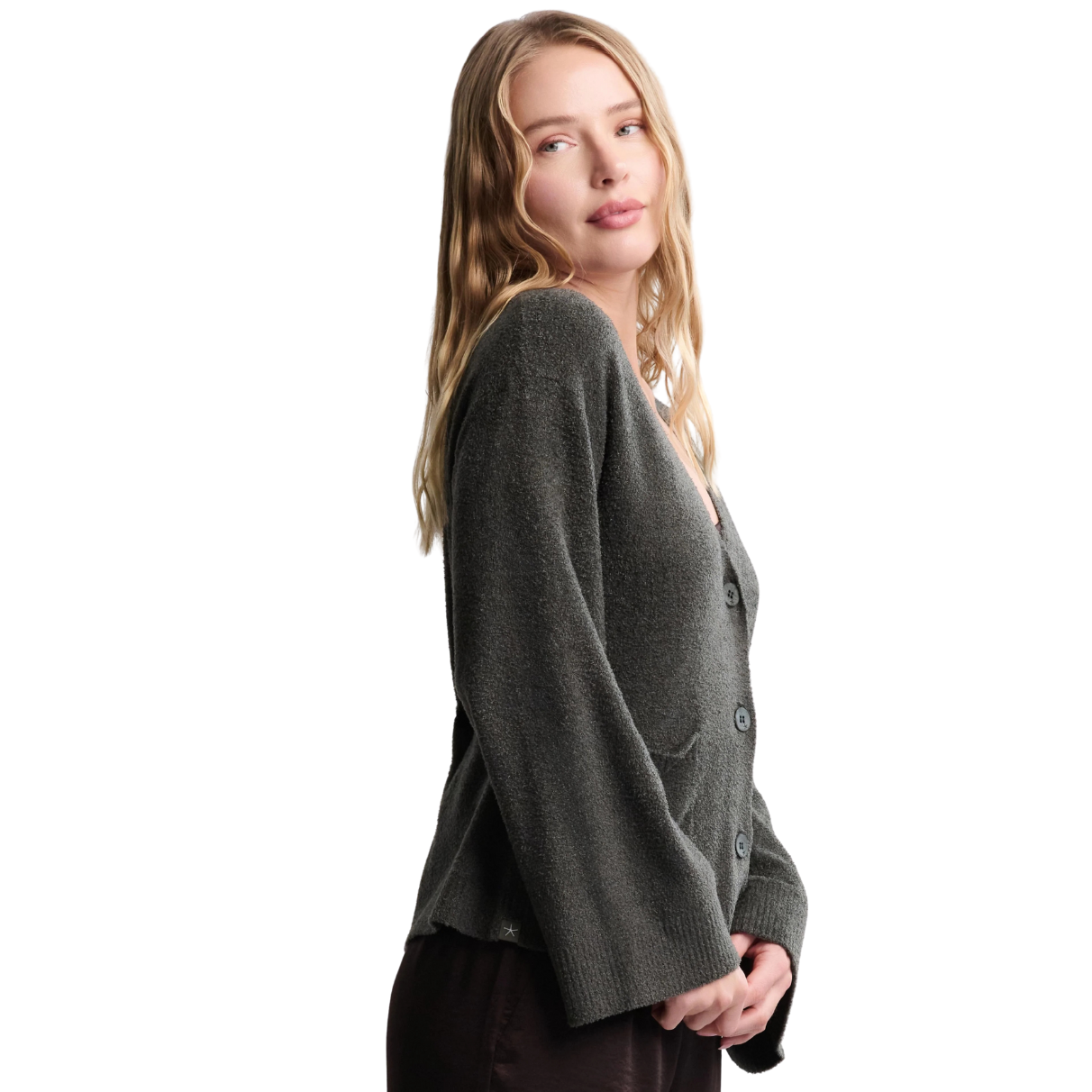 Barefoot Dreams CozyChic Lite Wide Sleeve Button Front Cardigan -Dk Moss