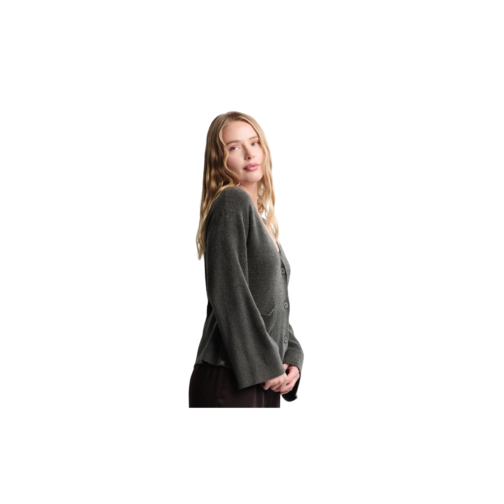 Barefoot Dreams CozyChic Lite Wide Sleeve Button Front Cardigan -Dk Moss