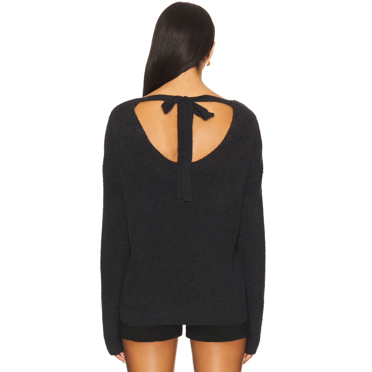 Barefoot Dreams CozyChic Lite Ribbed V Pullover with Back Tie-Black