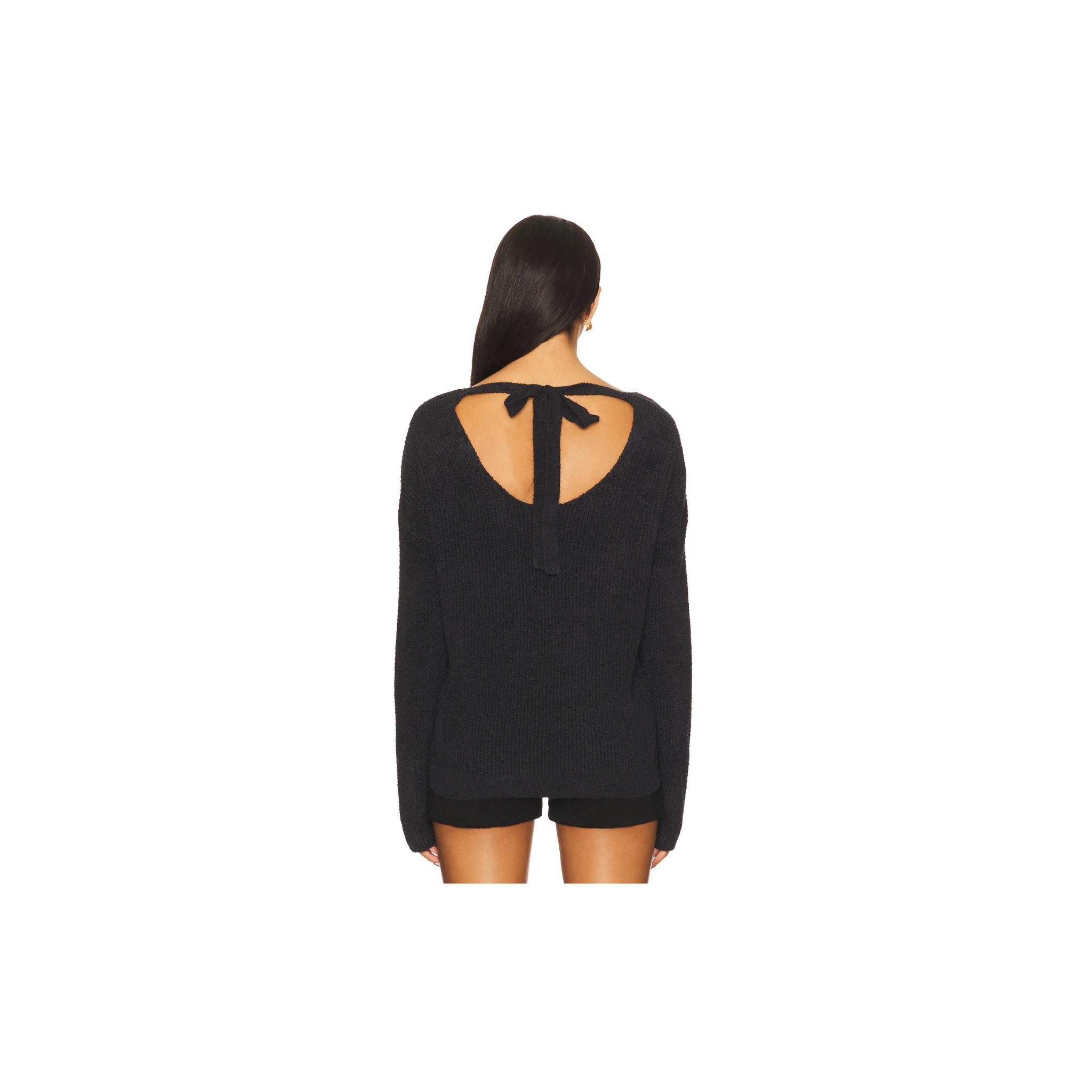 Barefoot Dreams CozyChic Lite Ribbed V Pullover with Back Tie-Black