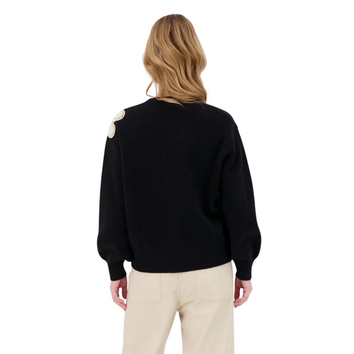 Gabby Isabella Macrame Flower Applique Sweater -Black