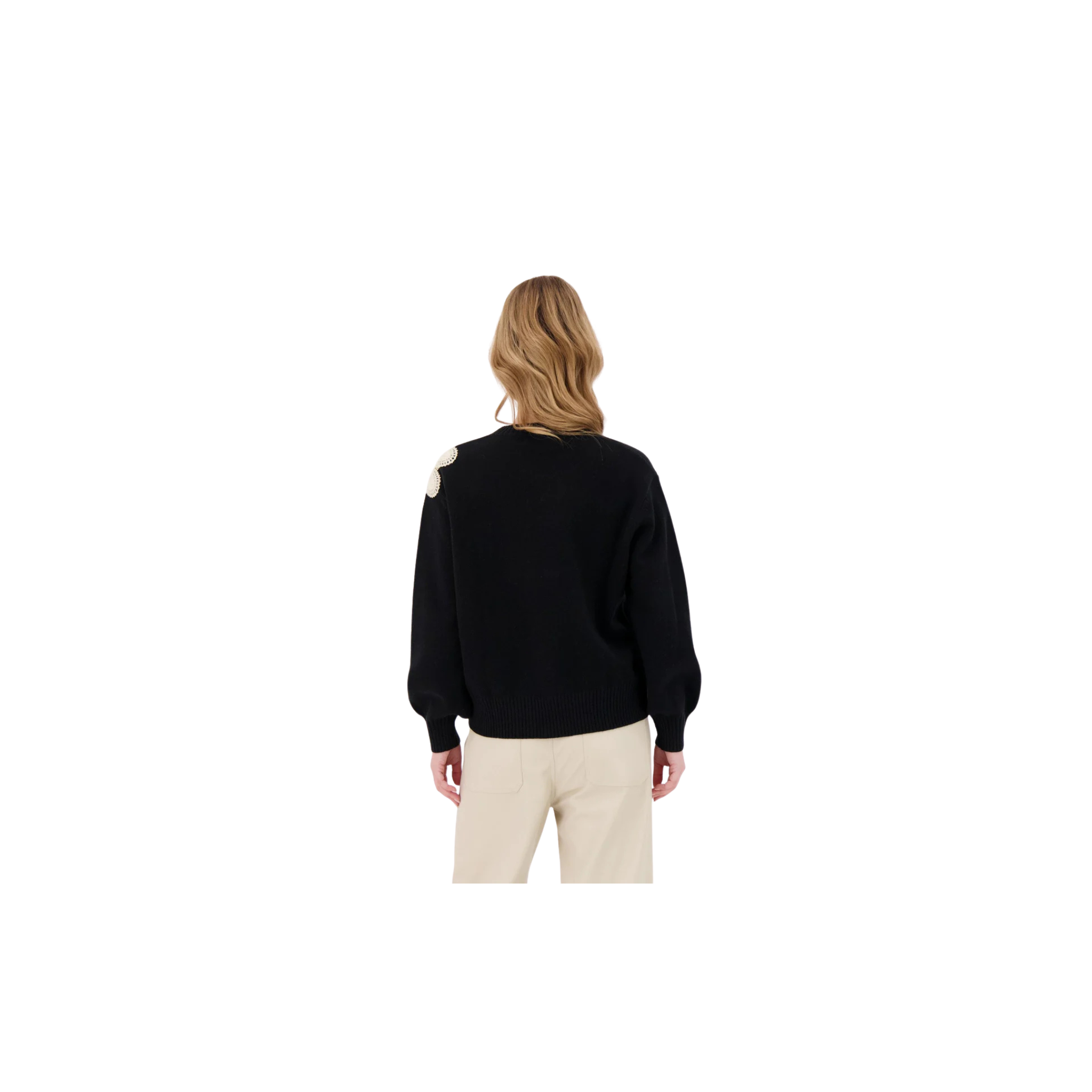 Gabby Isabella Macrame Flower Applique Sweater -Black
