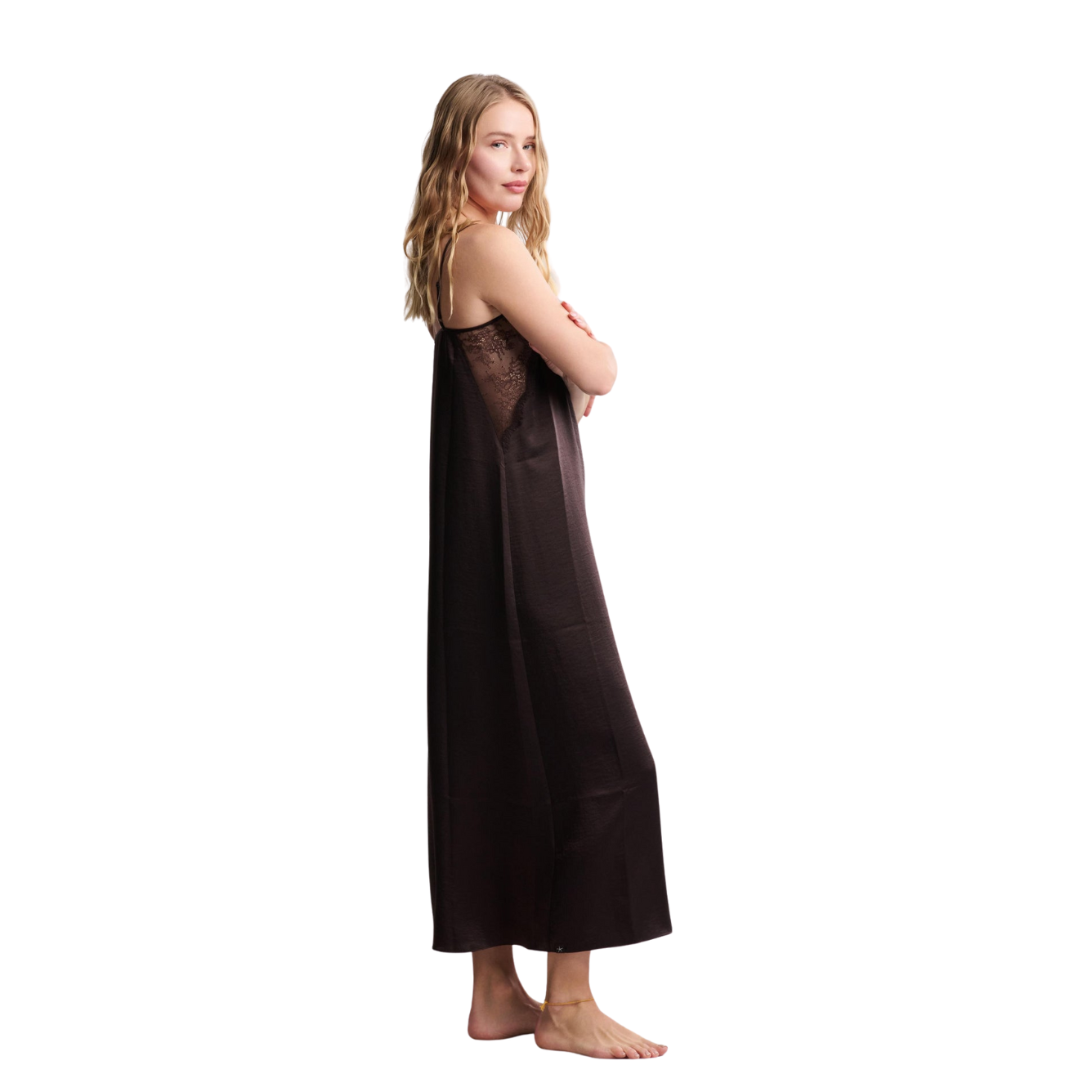 Barefoot Dreams Liquid Satin Lace Slip Dress -Umber