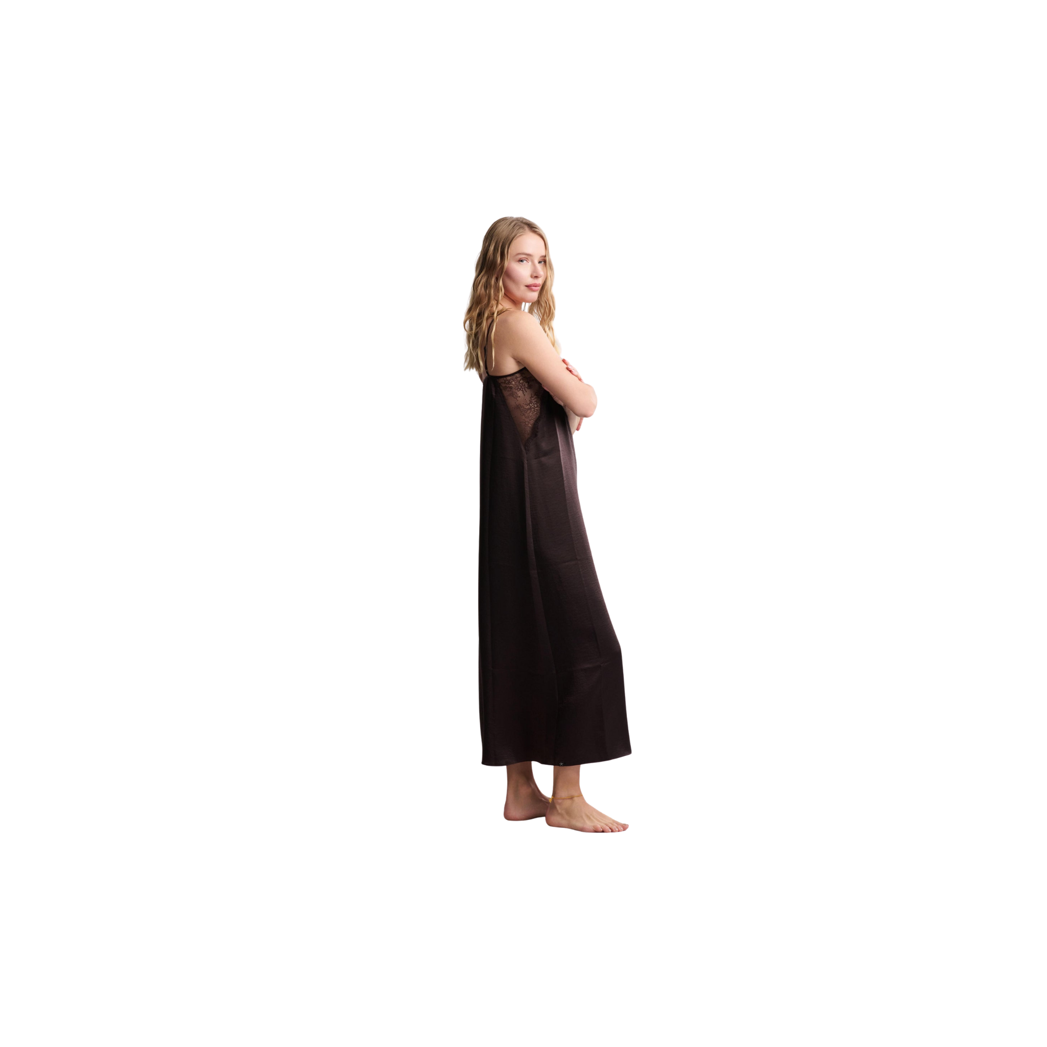 Barefoot Dreams Liquid Satin Lace Slip Dress -Umber