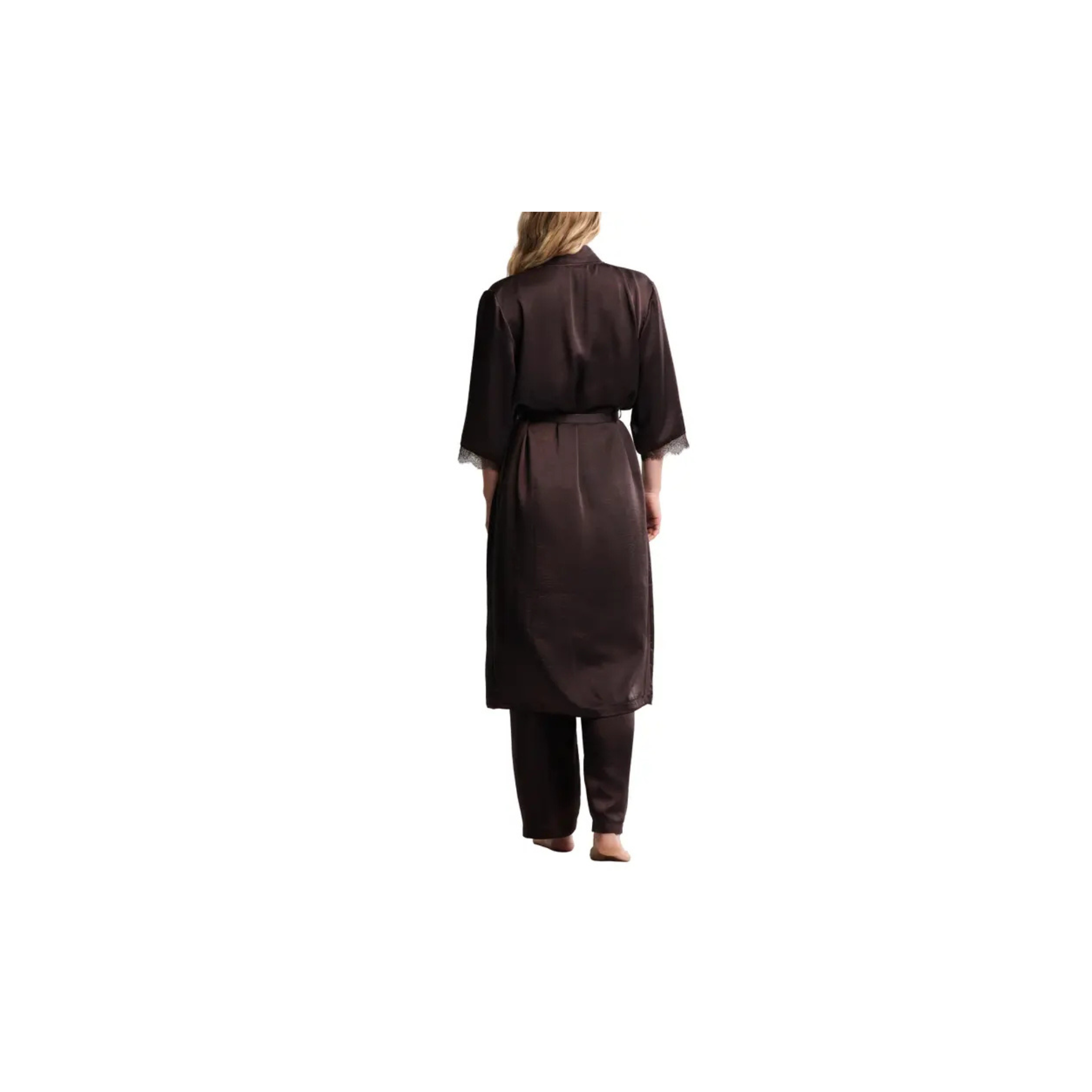 Barefoot Dreams Liquid Satin Lace Kimono Robe -Umber