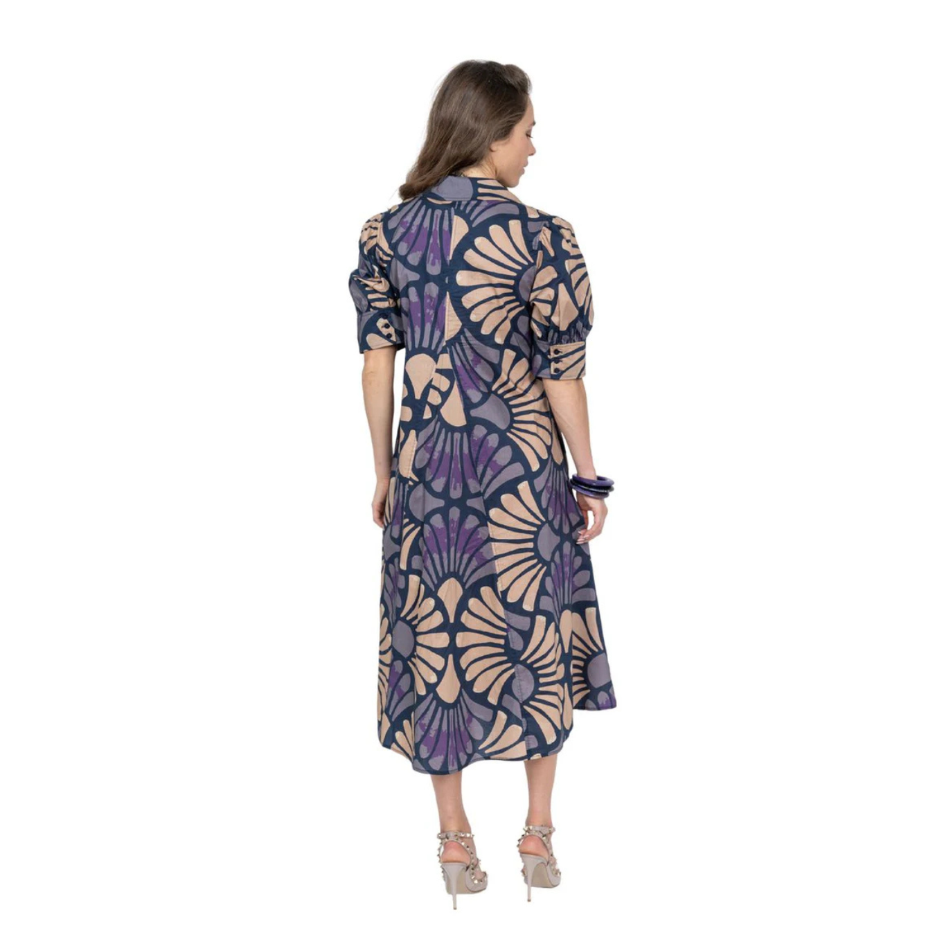 Lior Paris Amber Pointed Collar Short Sleeve Dress -Sand Navy Floral