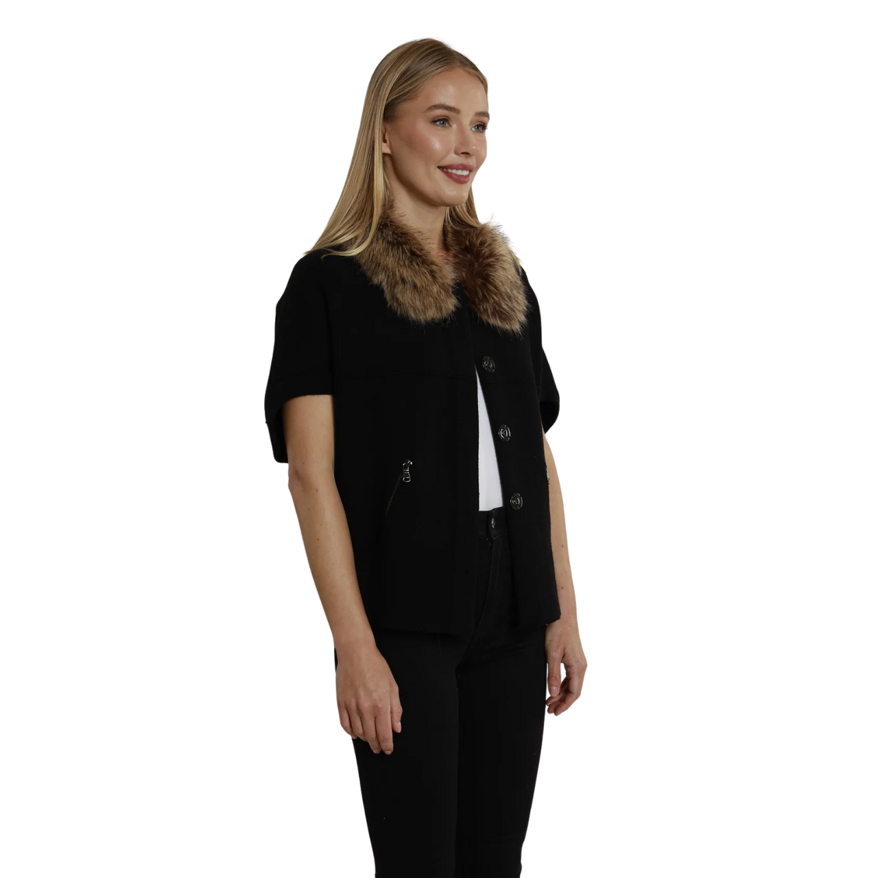 Dolce Cabo Faux Fur Collar Short Sleeve Cardigan -Black/Chestnut