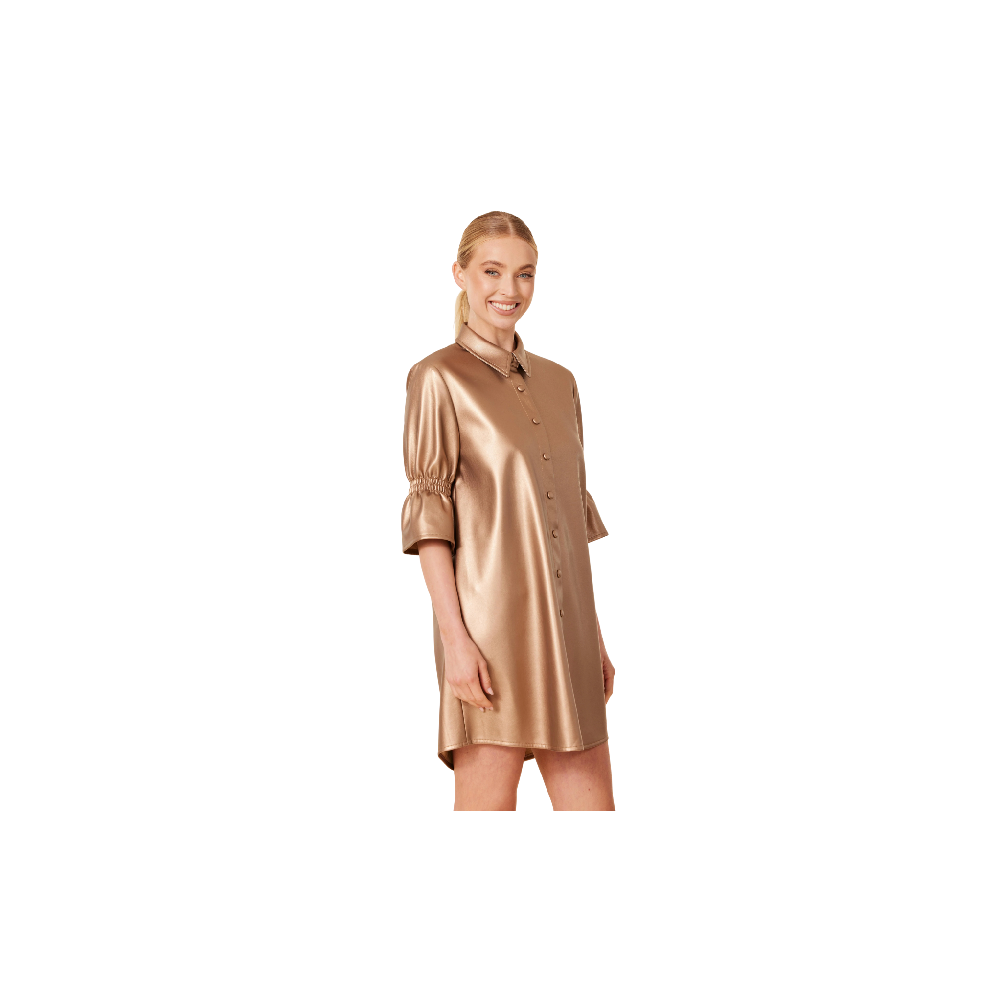 Dolce Cabo Faux Leather Metallic Ruffle Sleeve Dress -Bronze