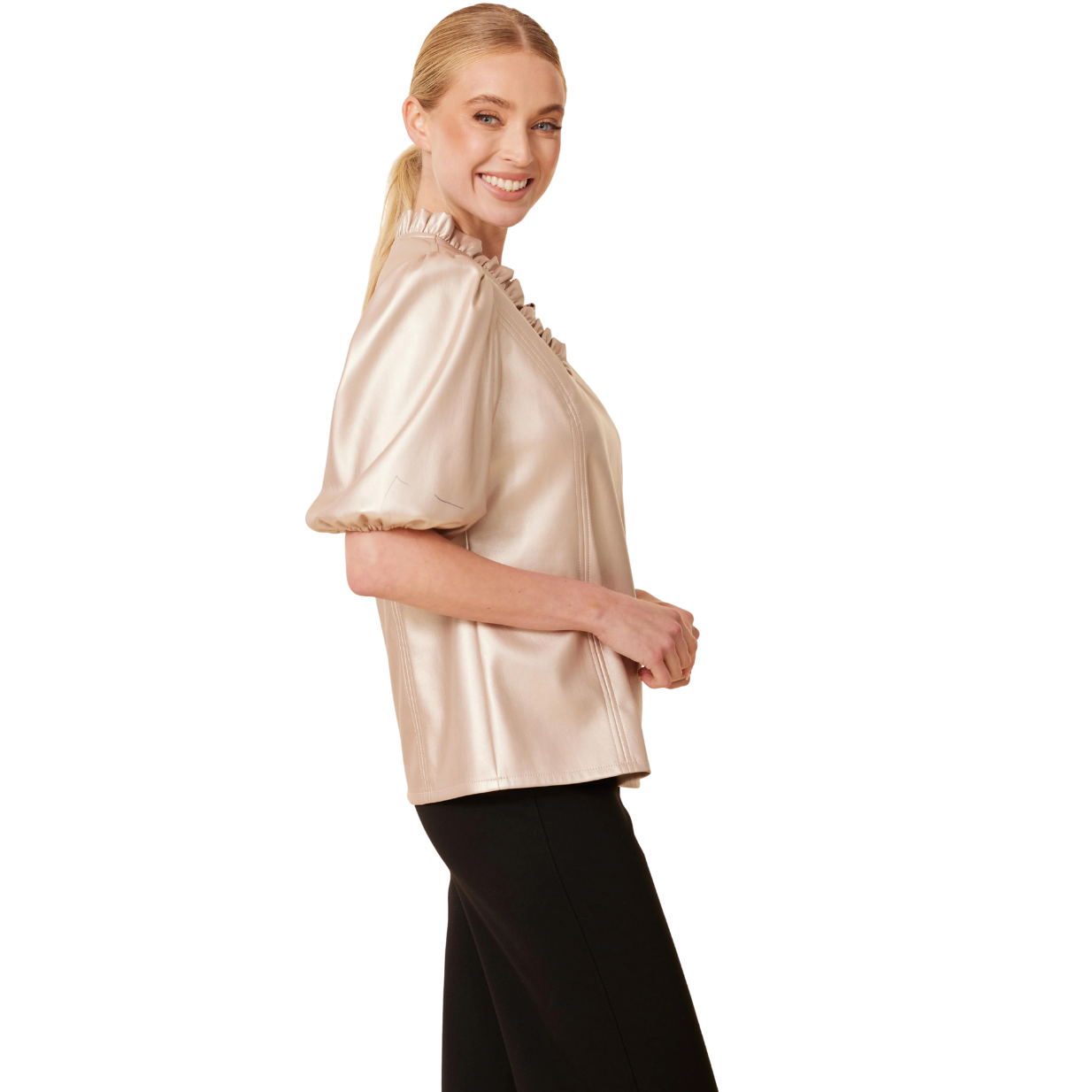 Dolce Cabo Faux Leather Ruffle Neck Top -Pale Gold