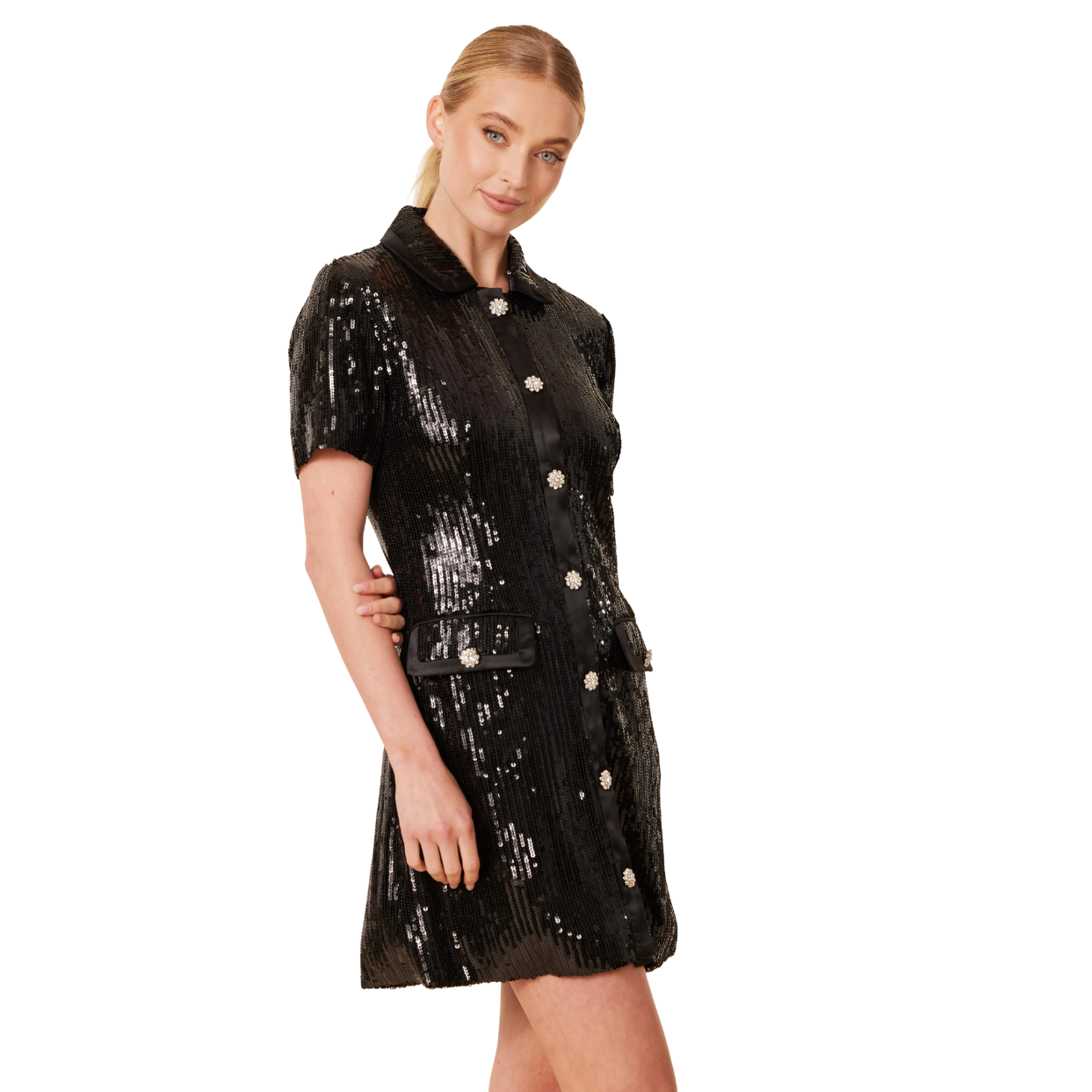 Dolce Cabo Sequin Rhinestone Button Dress -Black