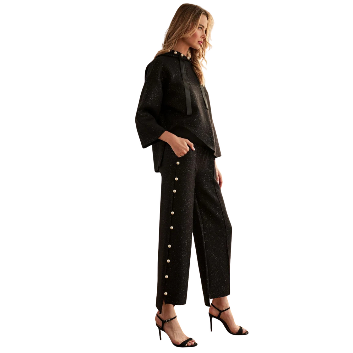 JOH Francine French Scuba Pearl Hoodie with Glitter -Black