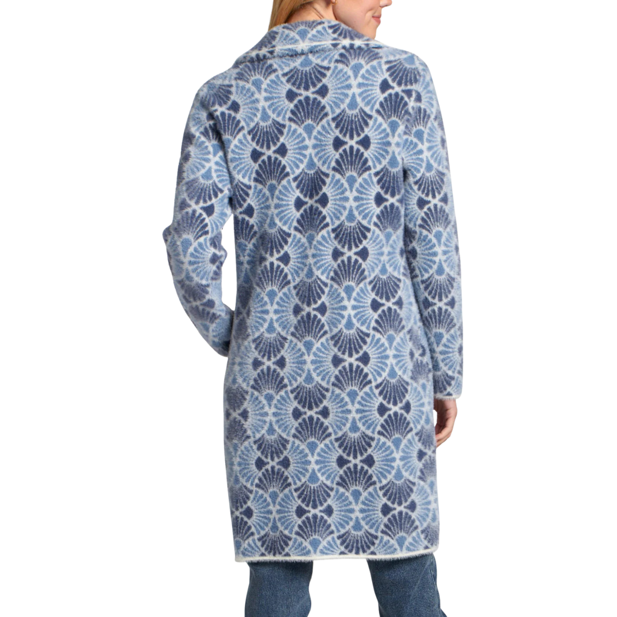 APNY Single Breasted Plush Whimsical Floral Cozy Coat -Navy/Medium Blue