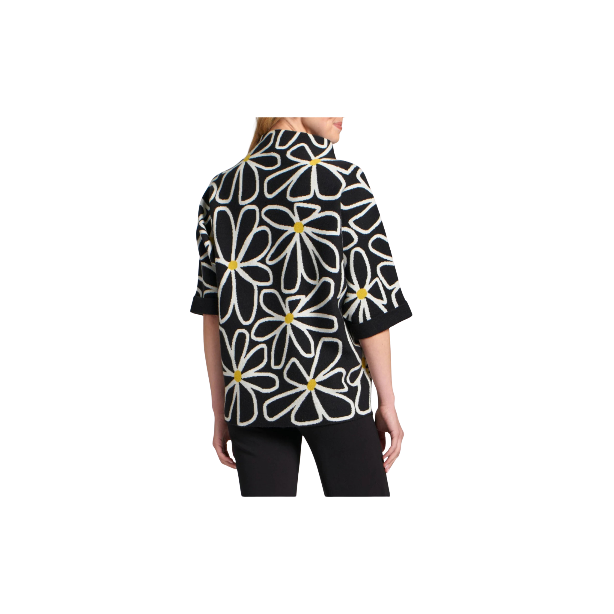 APNY Whimsical Floral Sweater with Contrast Cuffs and Pockets - Black/White