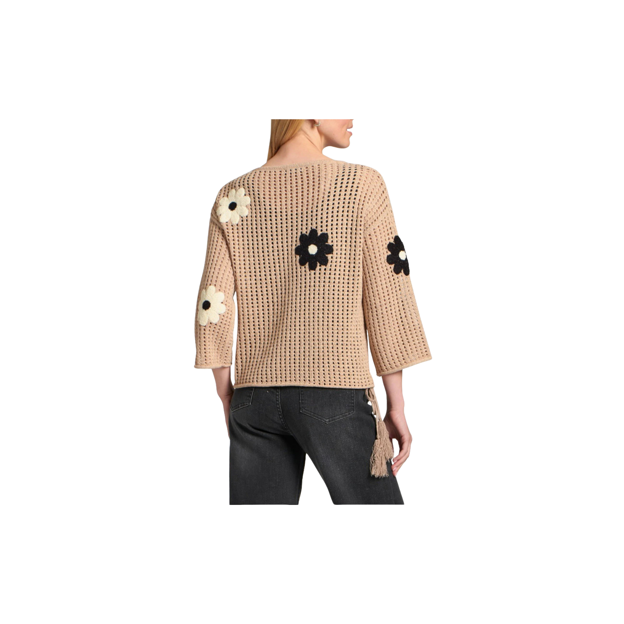 APNY Tape Yarn Pullover with Floral Embroidery -Latte