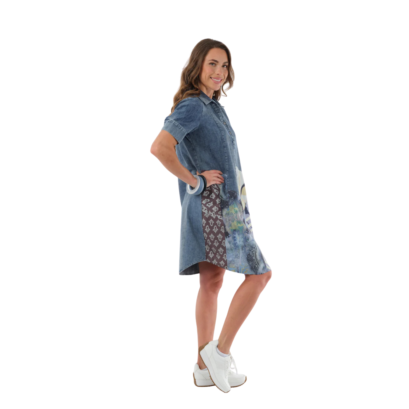 Lior Paris Rina Patchwork Short Sleeve Midi Jean Short Dress