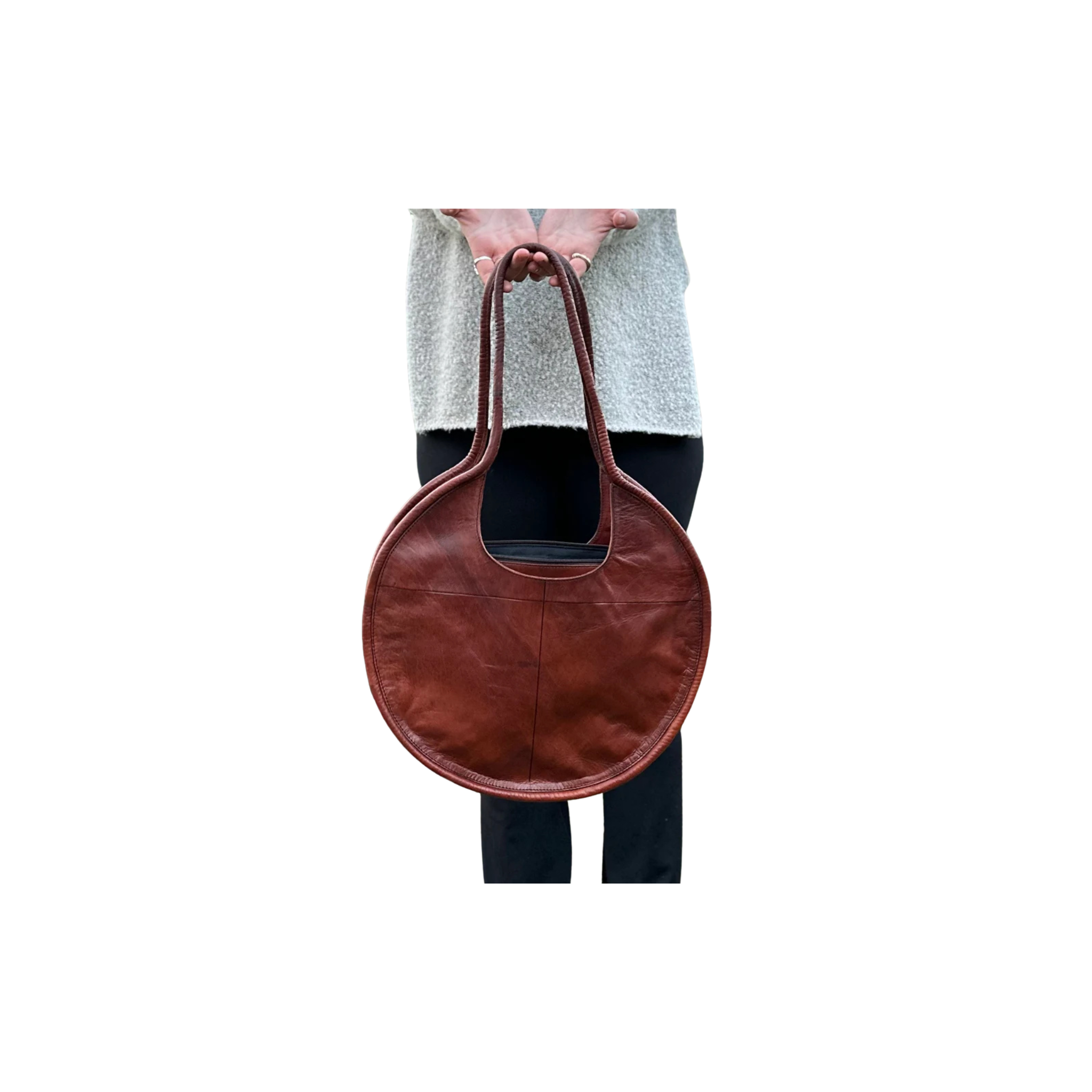 Intertwined Leather Circle Purse -Cognac