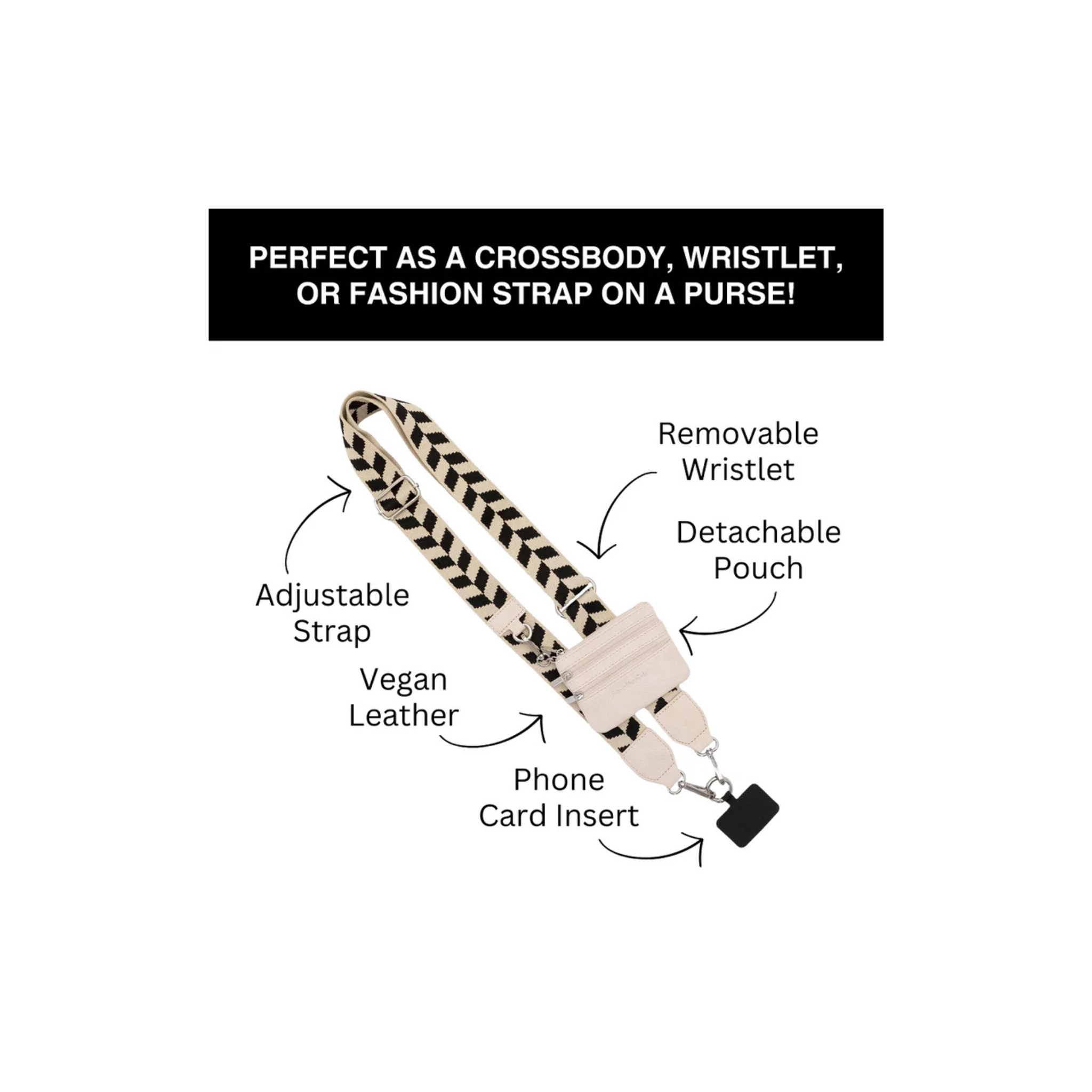 Save the Girls: Clip & Go Strap w/ Zippered Pouch -Chevron Black/Cream