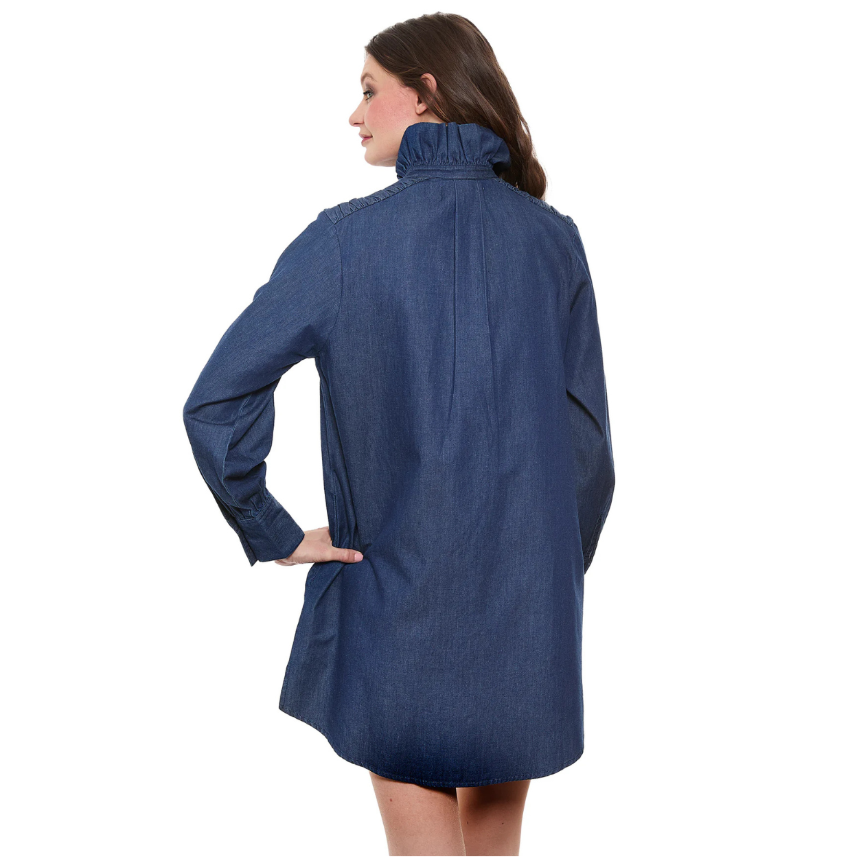 Dizzy Lizzie Denim Tunic with Ruffle Neck & Side Pockets
