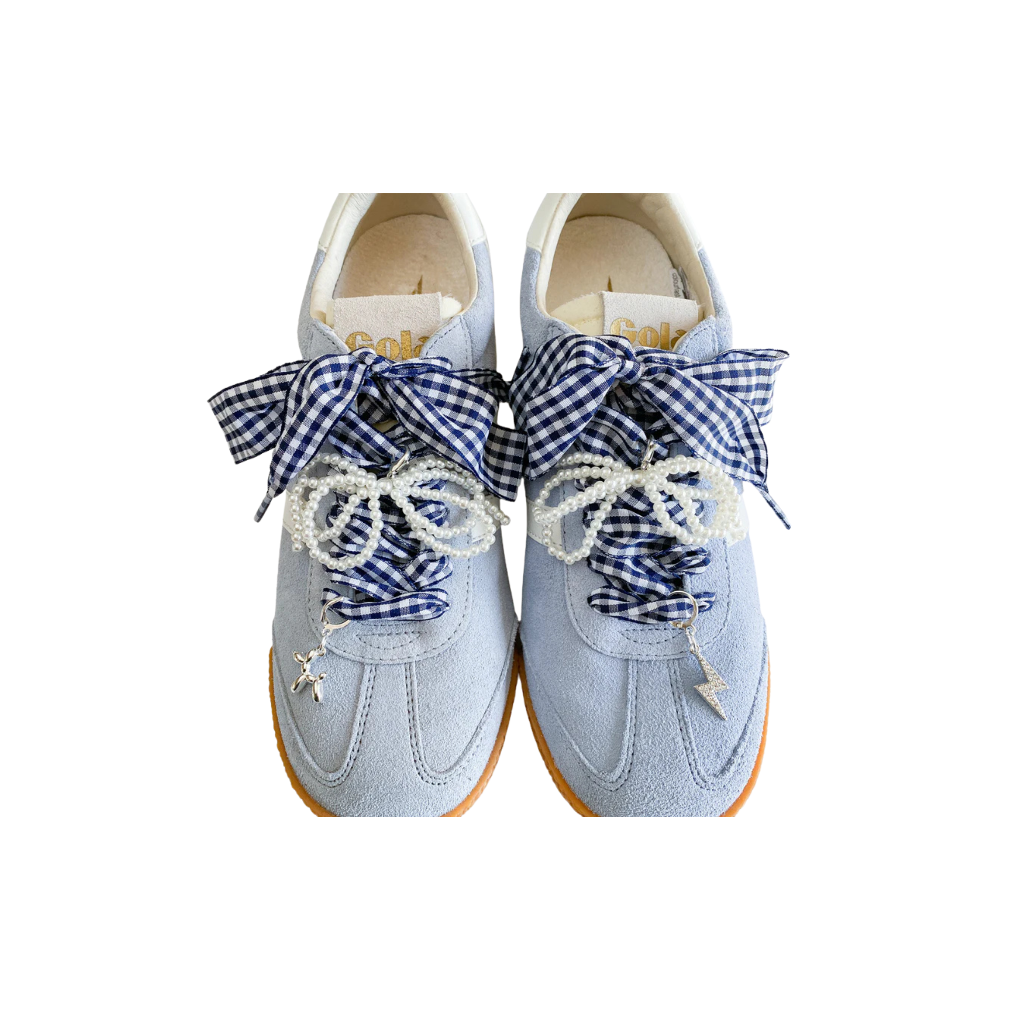 Leo + Lee Navy Gingham Shoelace & Charm Set (Pearl Bow, Lightning Bolt, Balloon Dog)