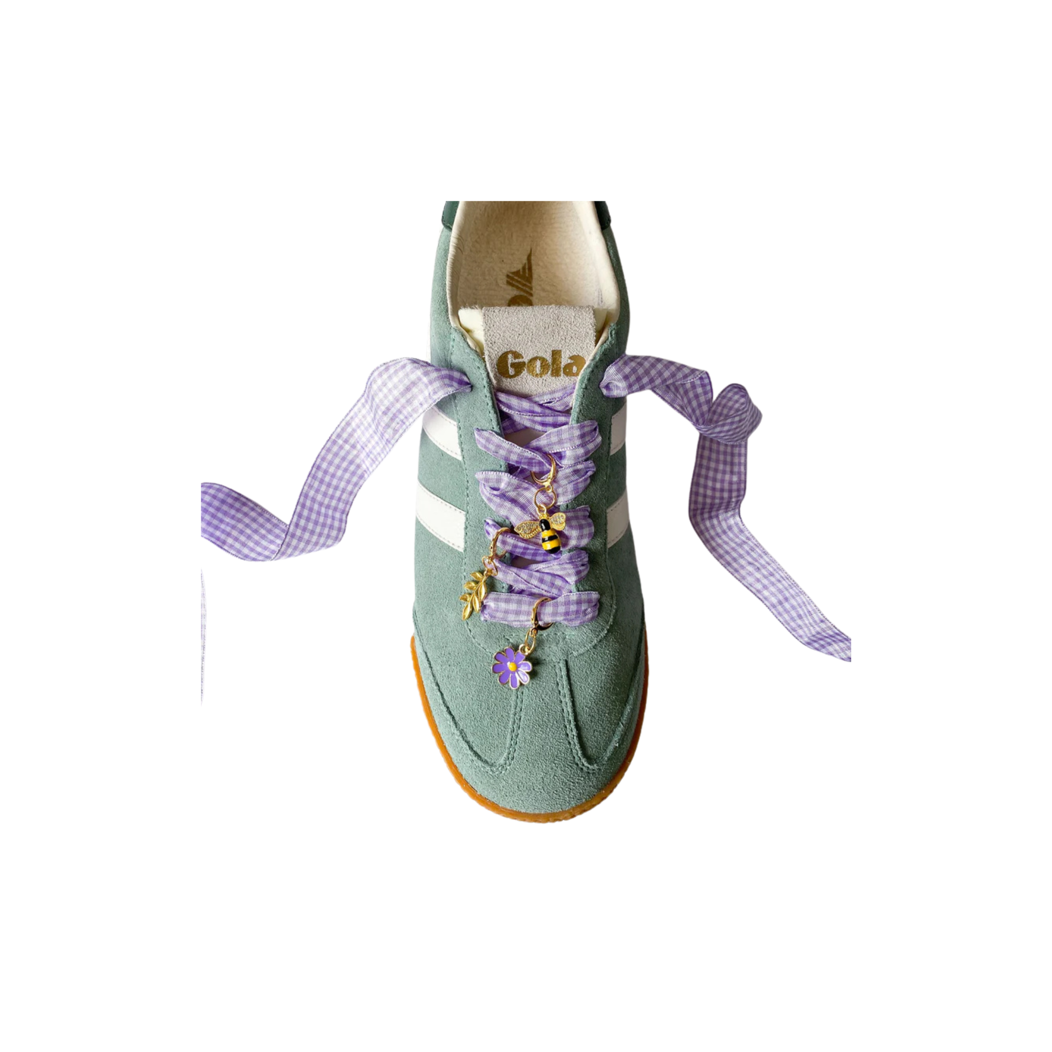 Leo + Lee Lavender Gingham Shoelace & Charm Set (Bee, Fern, Flower)