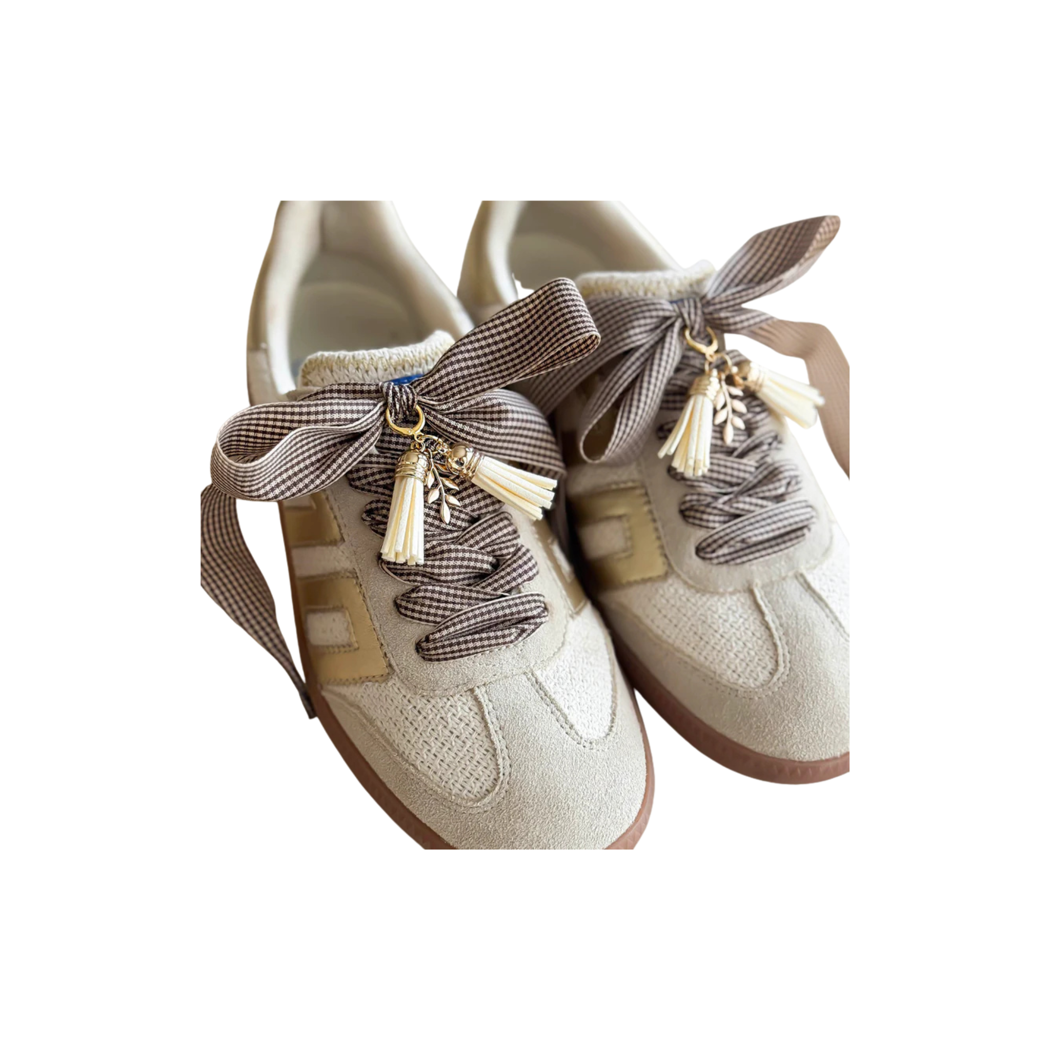 Leo + Lee Brown Houndstooth/Tassel & Leaf Shoelace and Charm Set