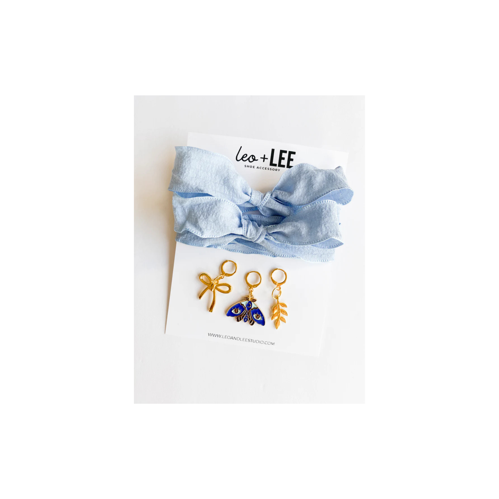 Leo + Lee Baby Blue Lace Shoelace & Charm Set (Fern, Butterfly, Bow)