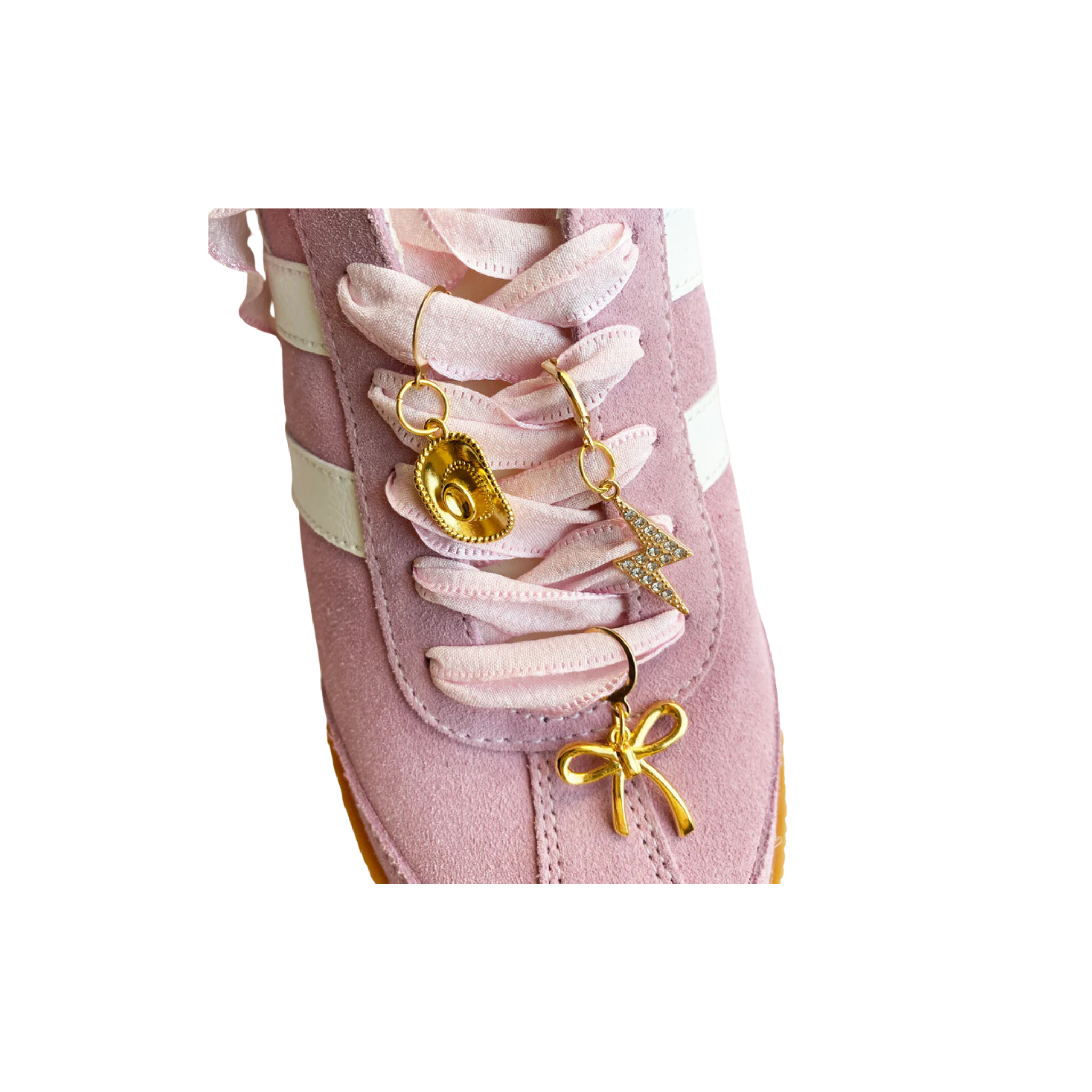 Leo + Lee Pink Lace Shoelaces & Charm Set (Cowboy Hat, Lightning Bolt, Bow)