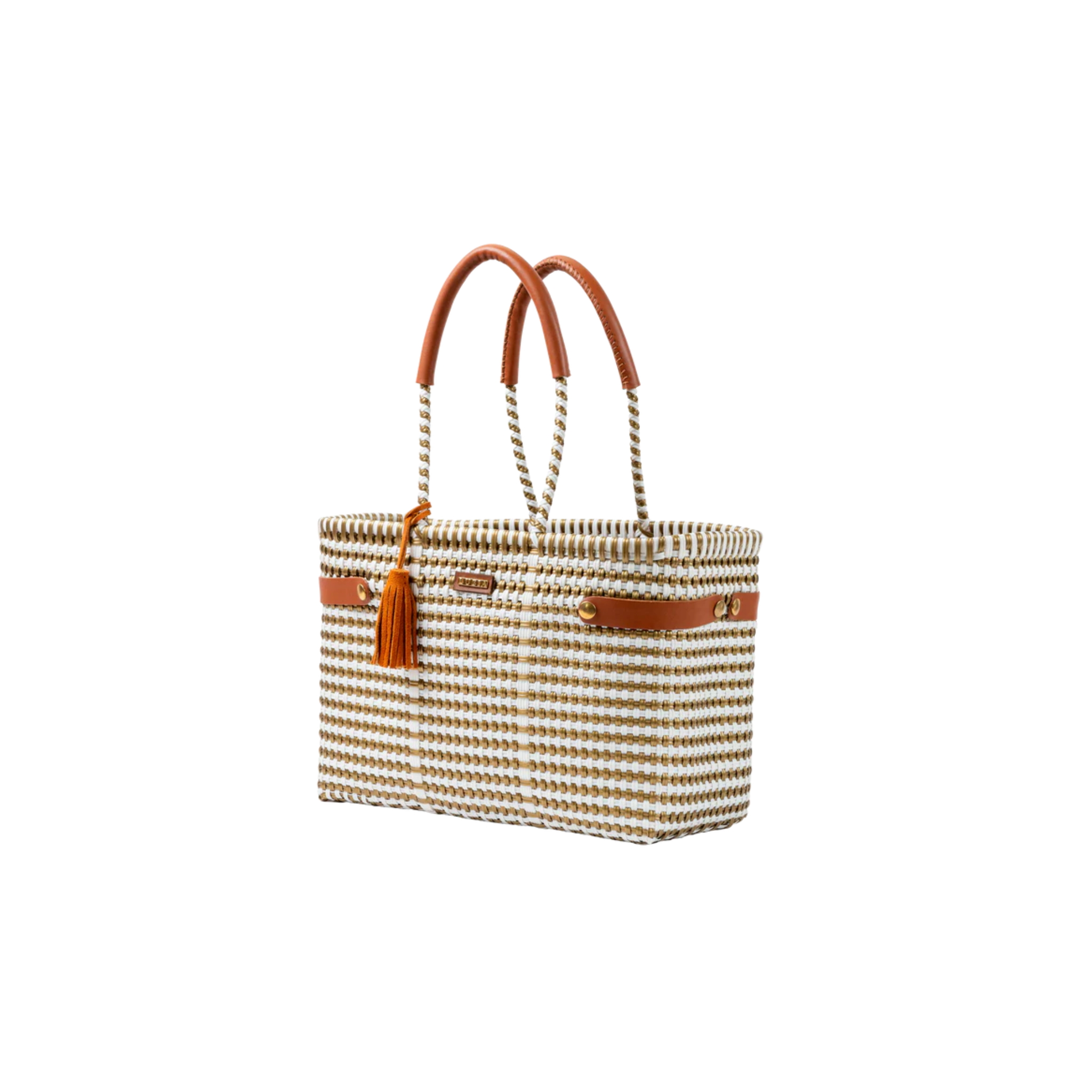 Luzia Open Basket Tote Bag Medium Lines White/Gold