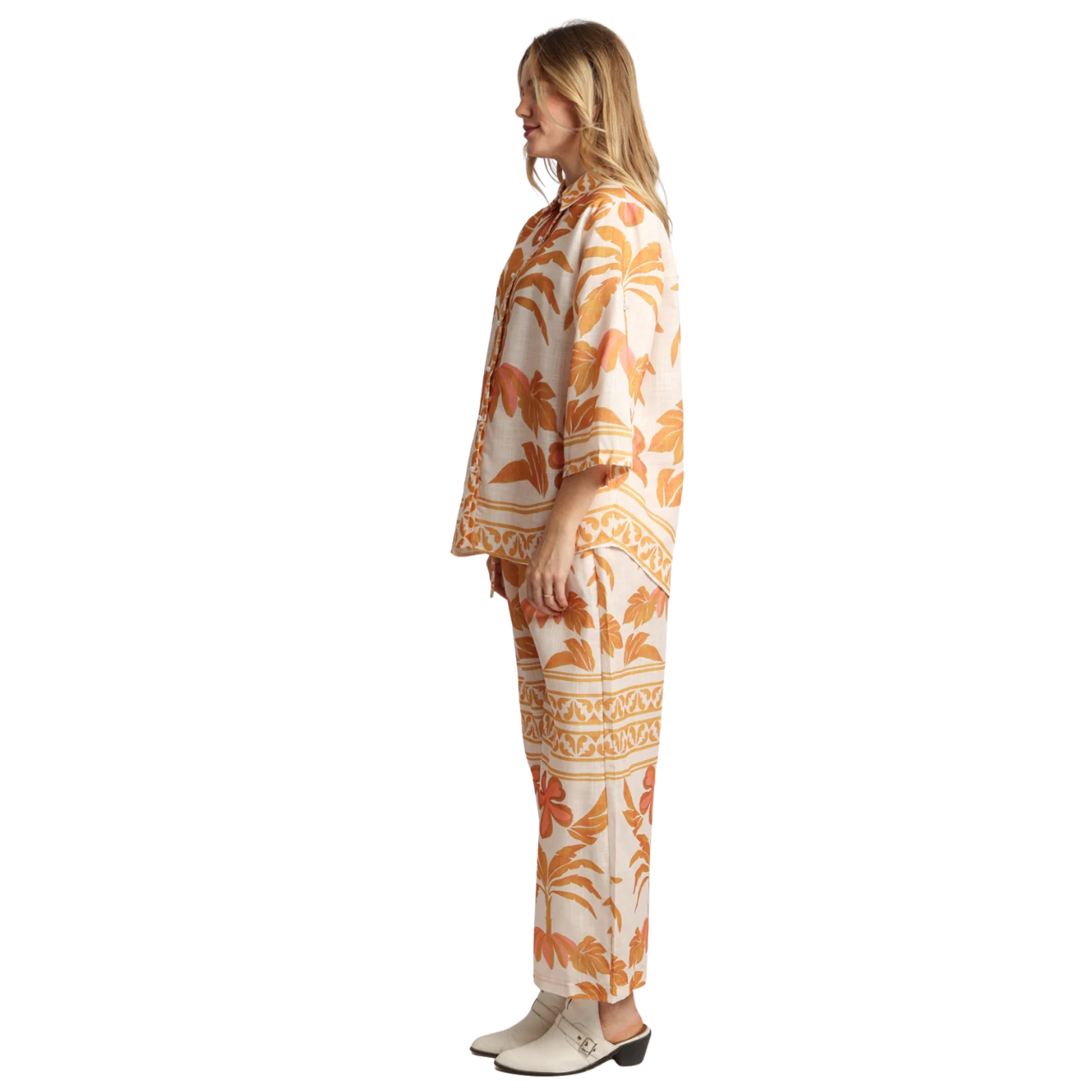 Beulah Dustin Tropical Printed Linen Style Top & Pants Set -Tangerine