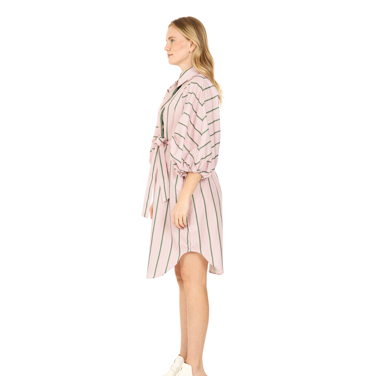 Beulah Jason Multi Striped Contrast Belted Midi Shirt Dress -Olive