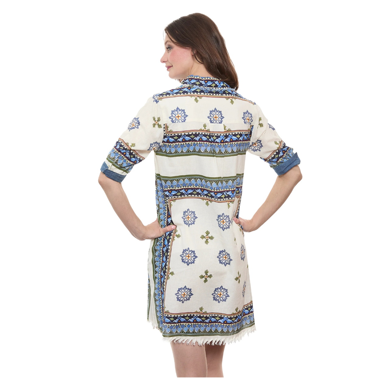 Dizzy Lizzie Chatham Dress Blue Green Ivory Engineered Print