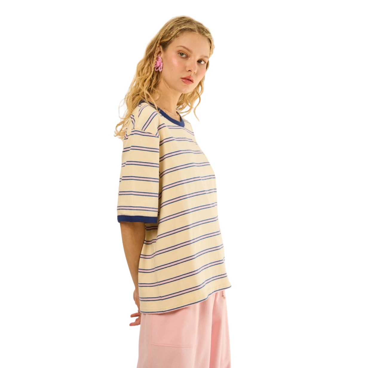 The GREii Striped Cotton Relaxed Fit T-Shirt -Cream/Navy
