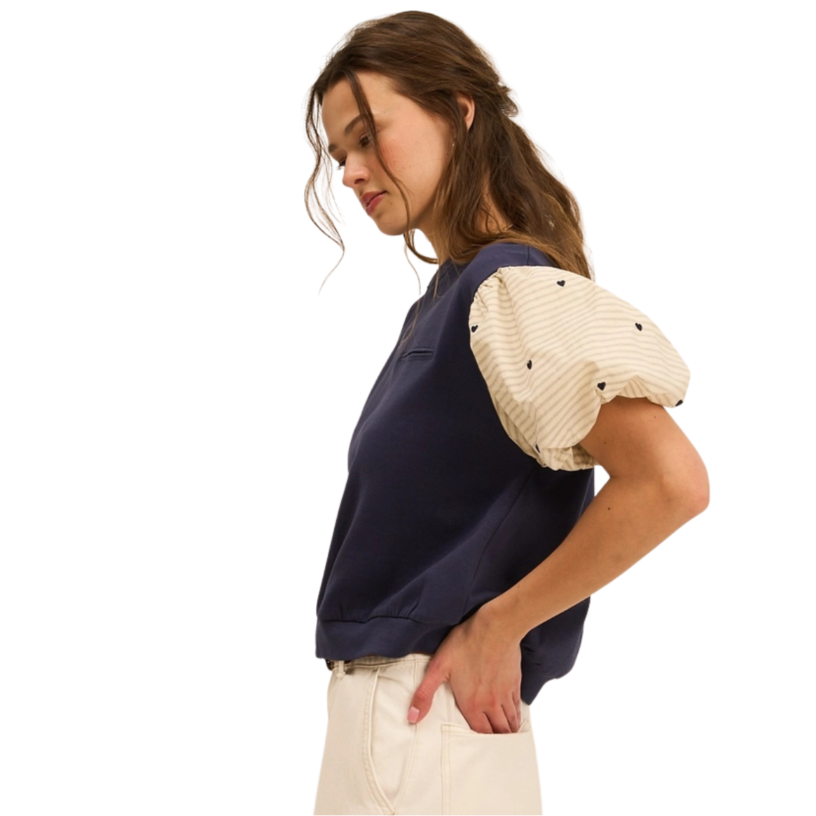The GREii Contrast Heart Detail Knit Top -Navy/Cream