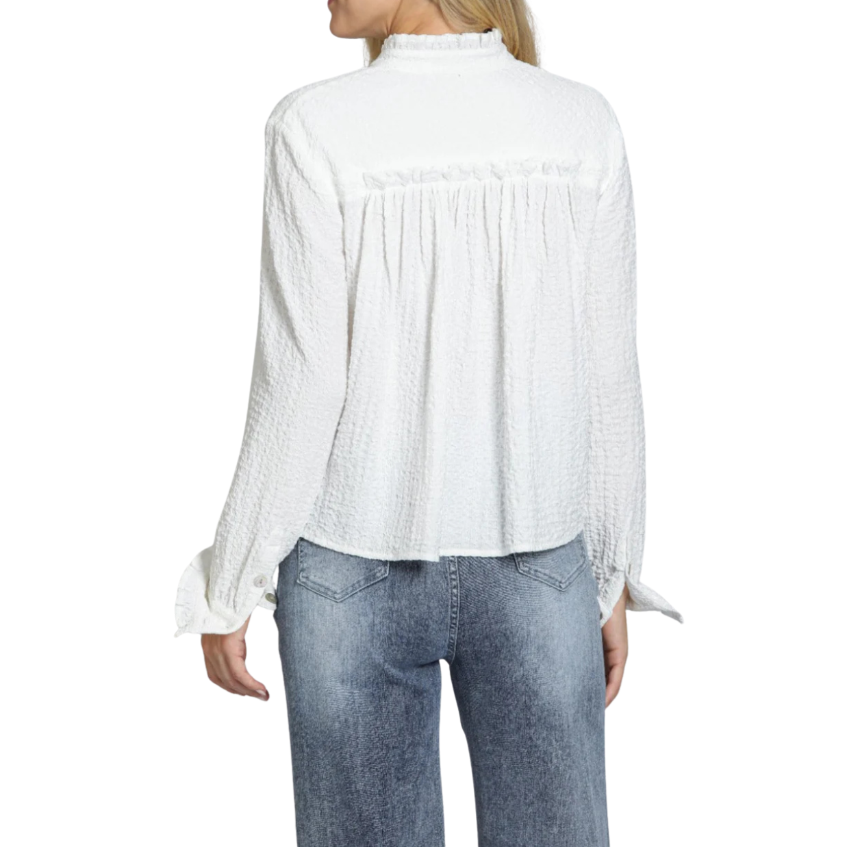 APNY Cropped Check Shirt with Ruffle Detail -White
