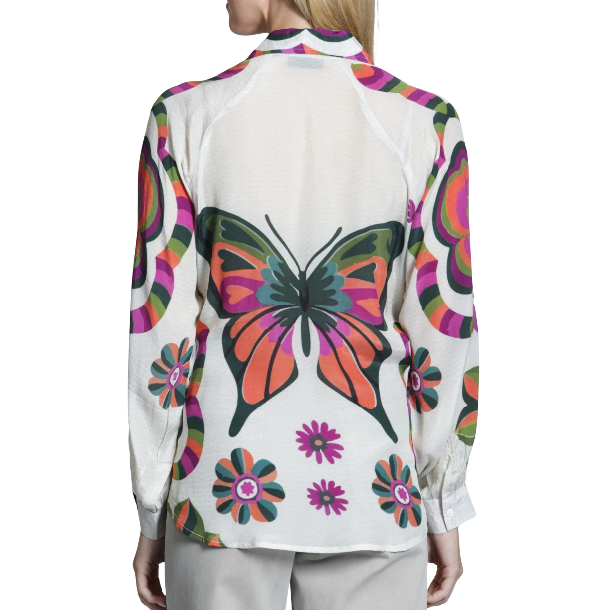 APNY Half-Plaket Pullover Blouse -Vintage Butterfly Bloom