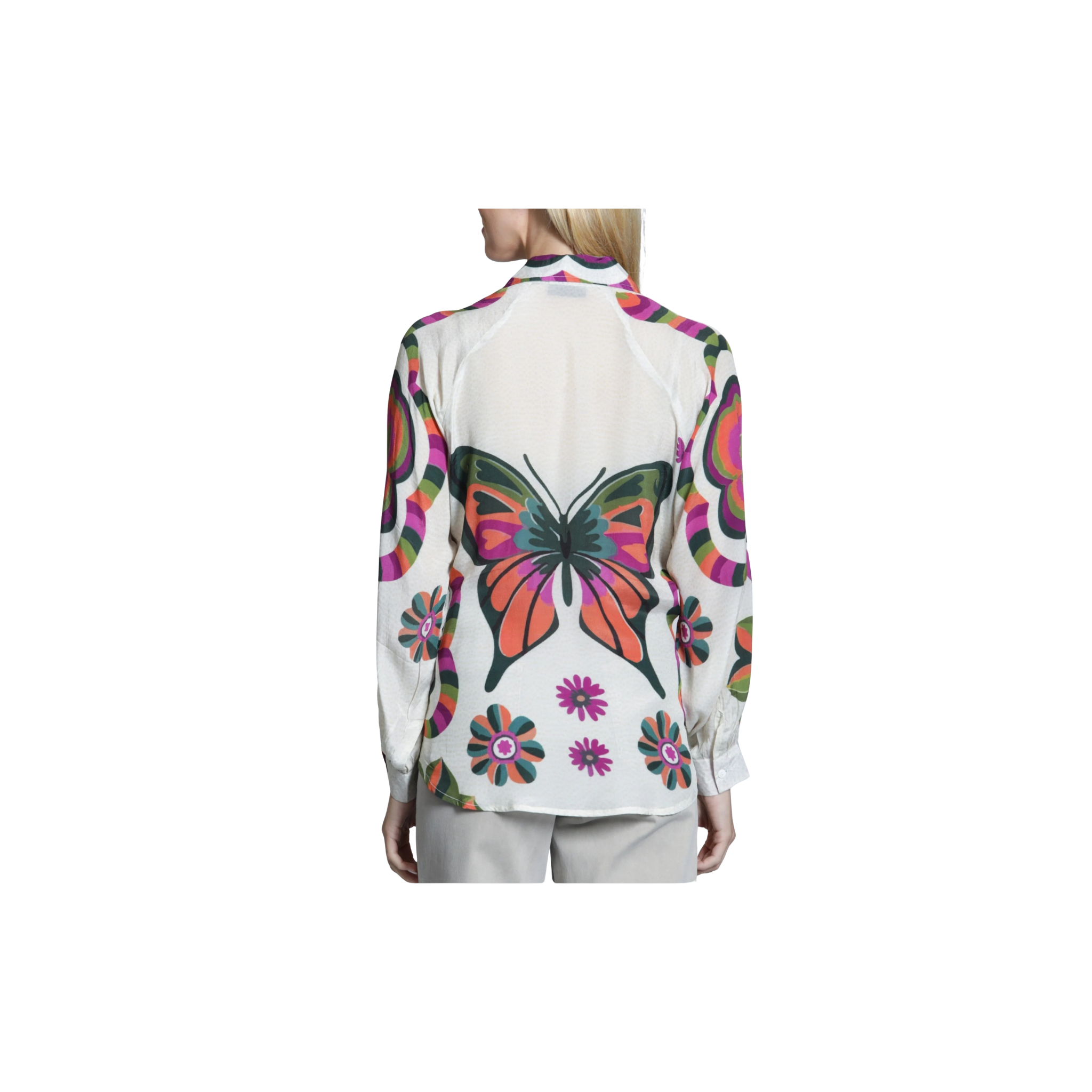 APNY Half-Plaket Pullover Blouse -Vintage Butterfly Bloom
