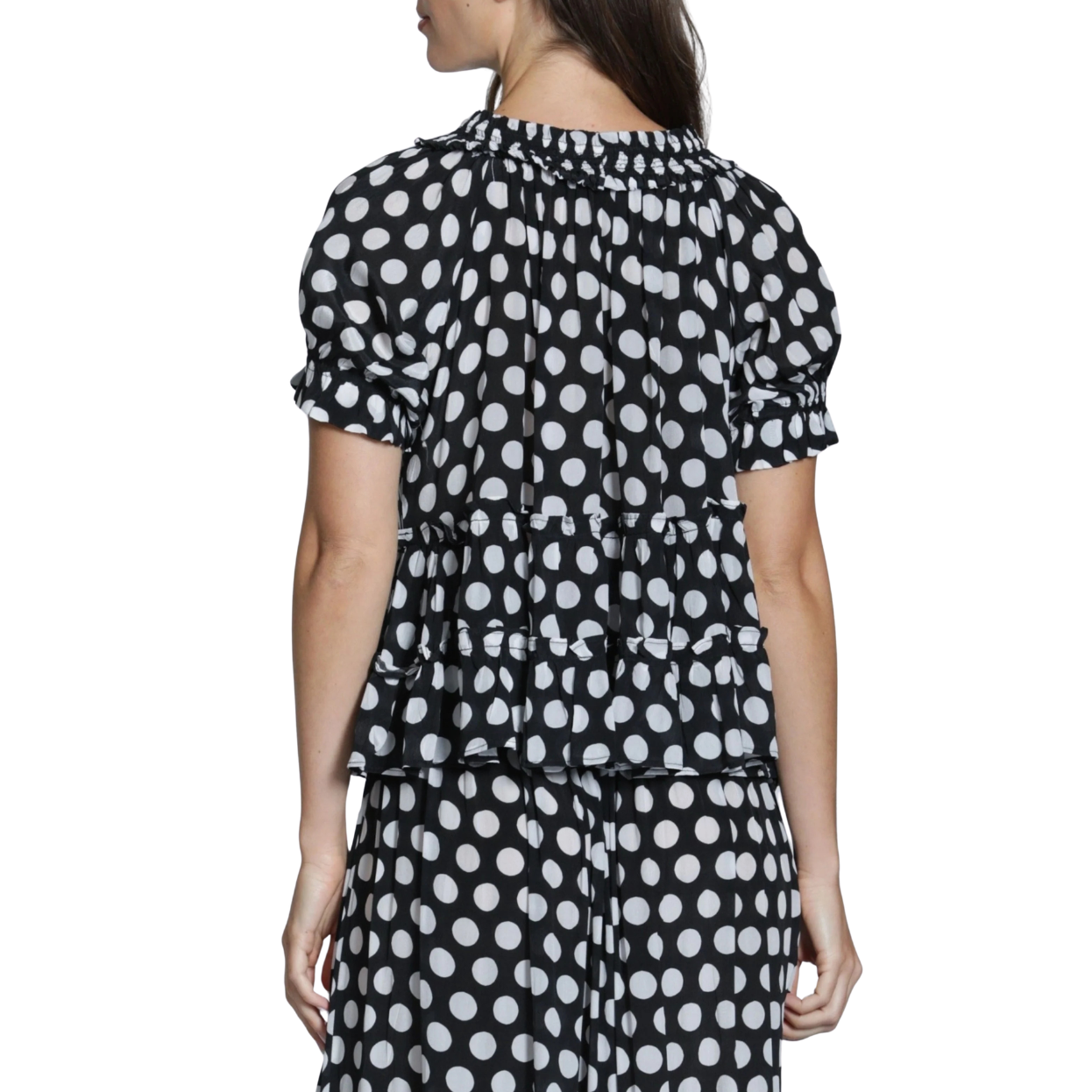 APNY Short Sleeve Top w/ Ruched Neck -Black/White Mono Spot