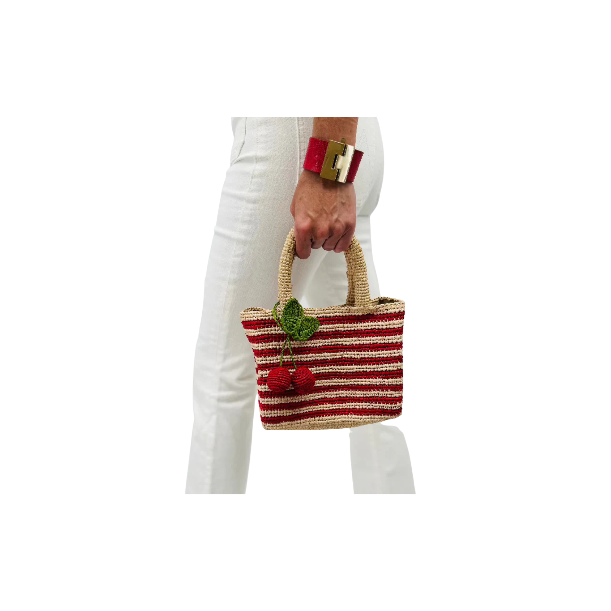 Baldiz Mini Mae Cherry Red Stripped Raffia Bag